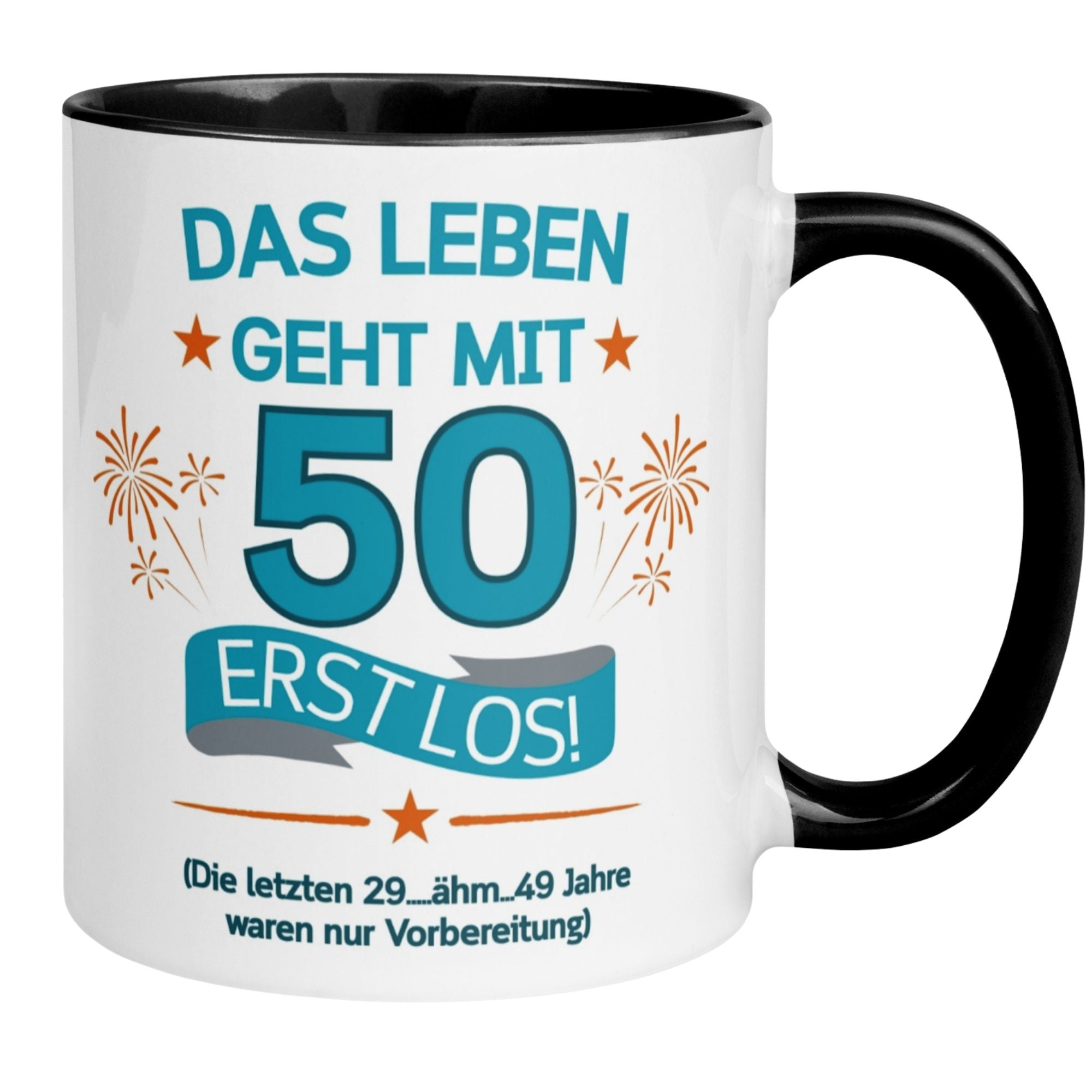 Momentals® 50. Geburtstag Tasse mit Spruch und Feuerwerk - das Leben geht mit 50 erst los!