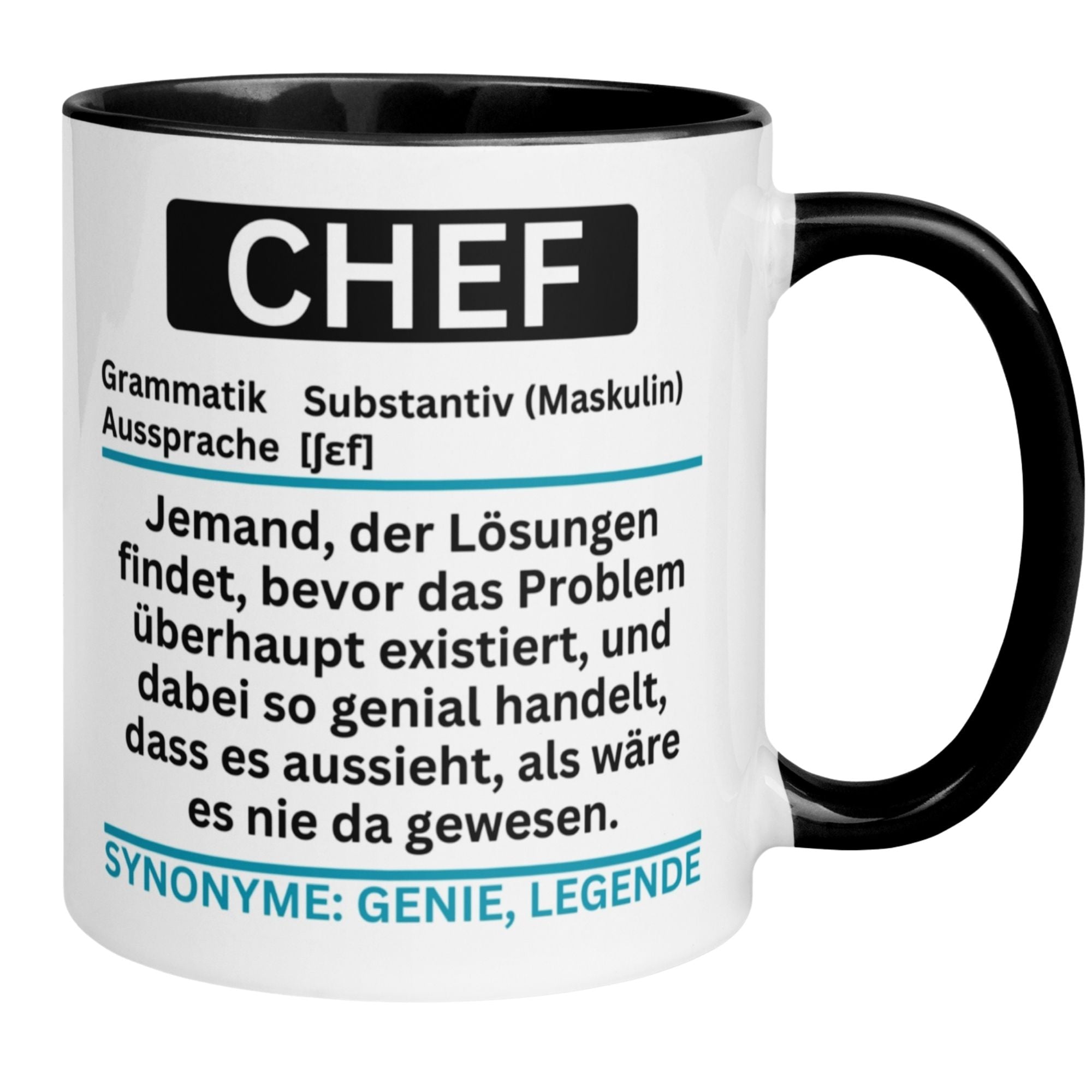 Momentals Tasse Chef mit Lexikonstil und Definition, humorvolles Geschenk für Führungskräfte.