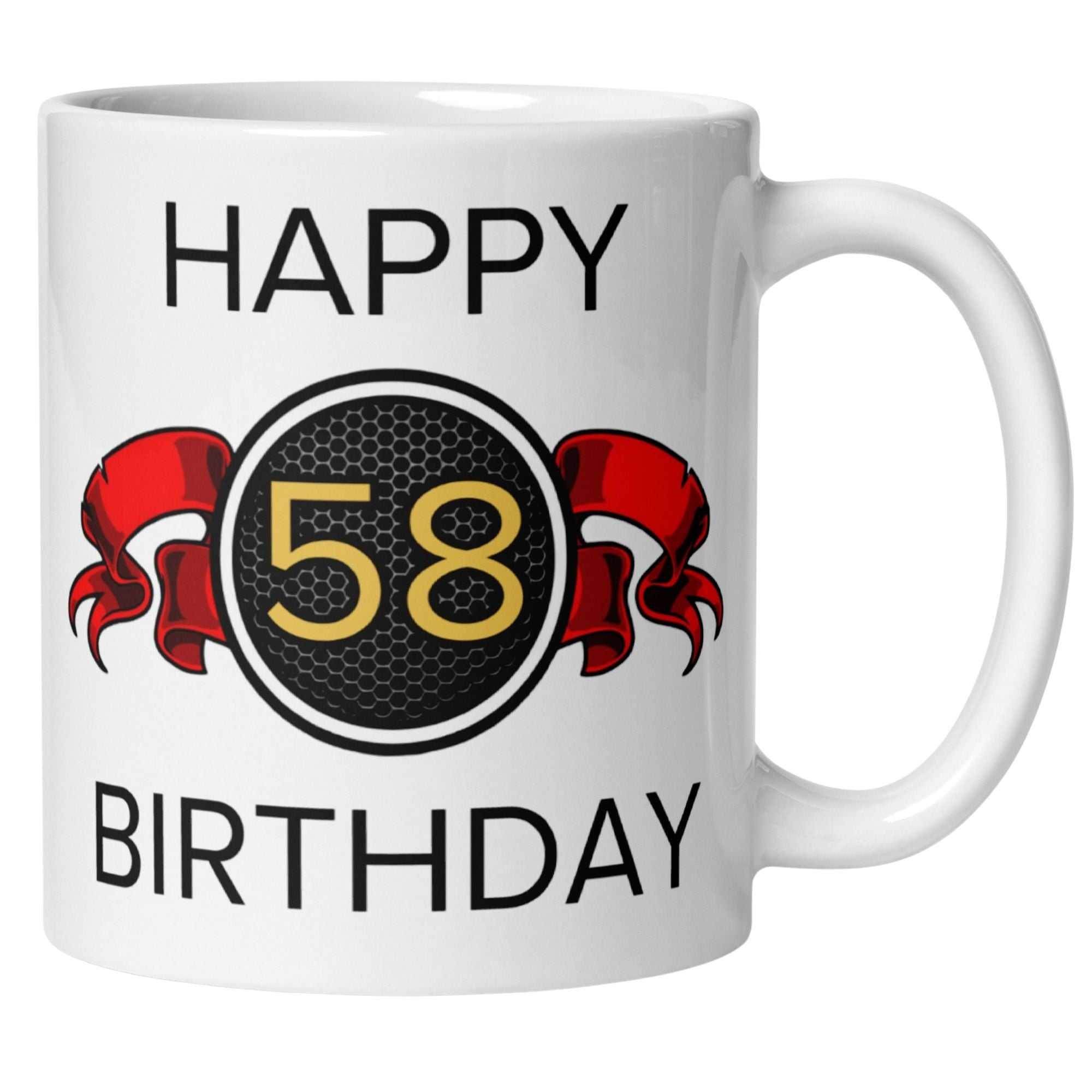 Momentals® Tasse 58. Geburtstag | Wappen & Spruch | Happy Birthday mit roter Schleife • Momentals