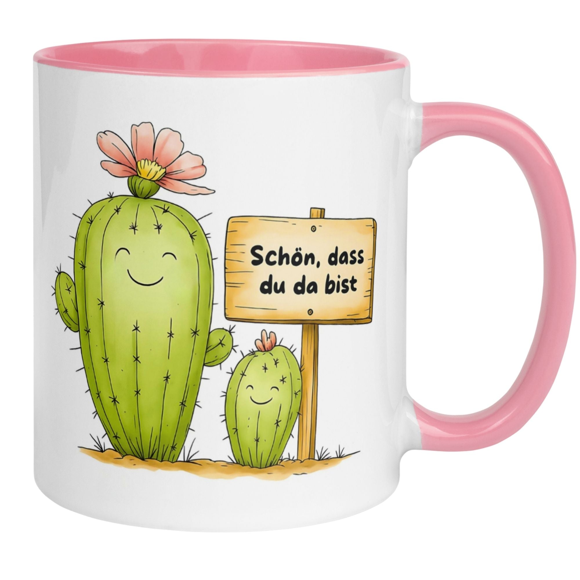 Bunte Tasse mit Kaktus-Motiv und Spruch "Schön, dass du da bist" für Dankeschön-Geschenke.