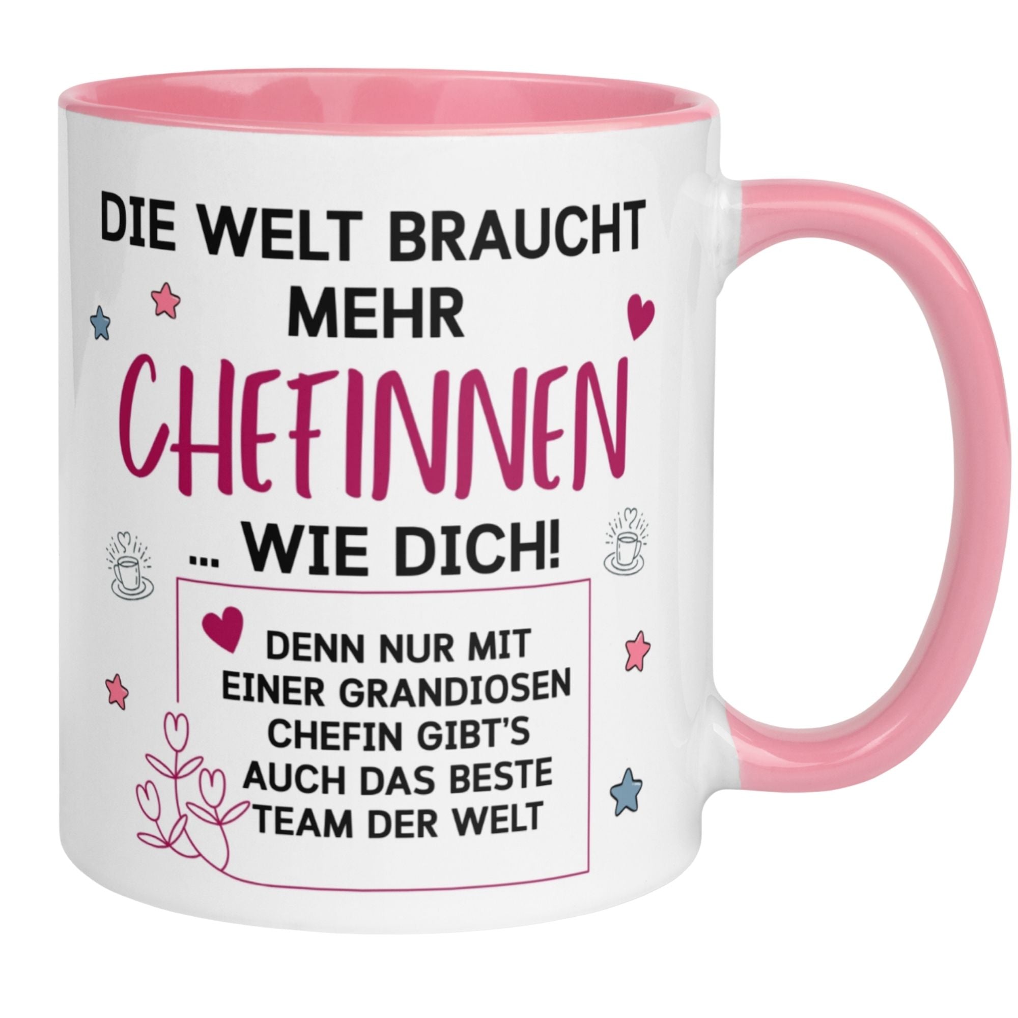 Momentals Tasse für Chefinnen mit Spruch: Die Welt braucht mehr Chefinnen wie dich. Charmantes Design mit Herzen und Blumen.