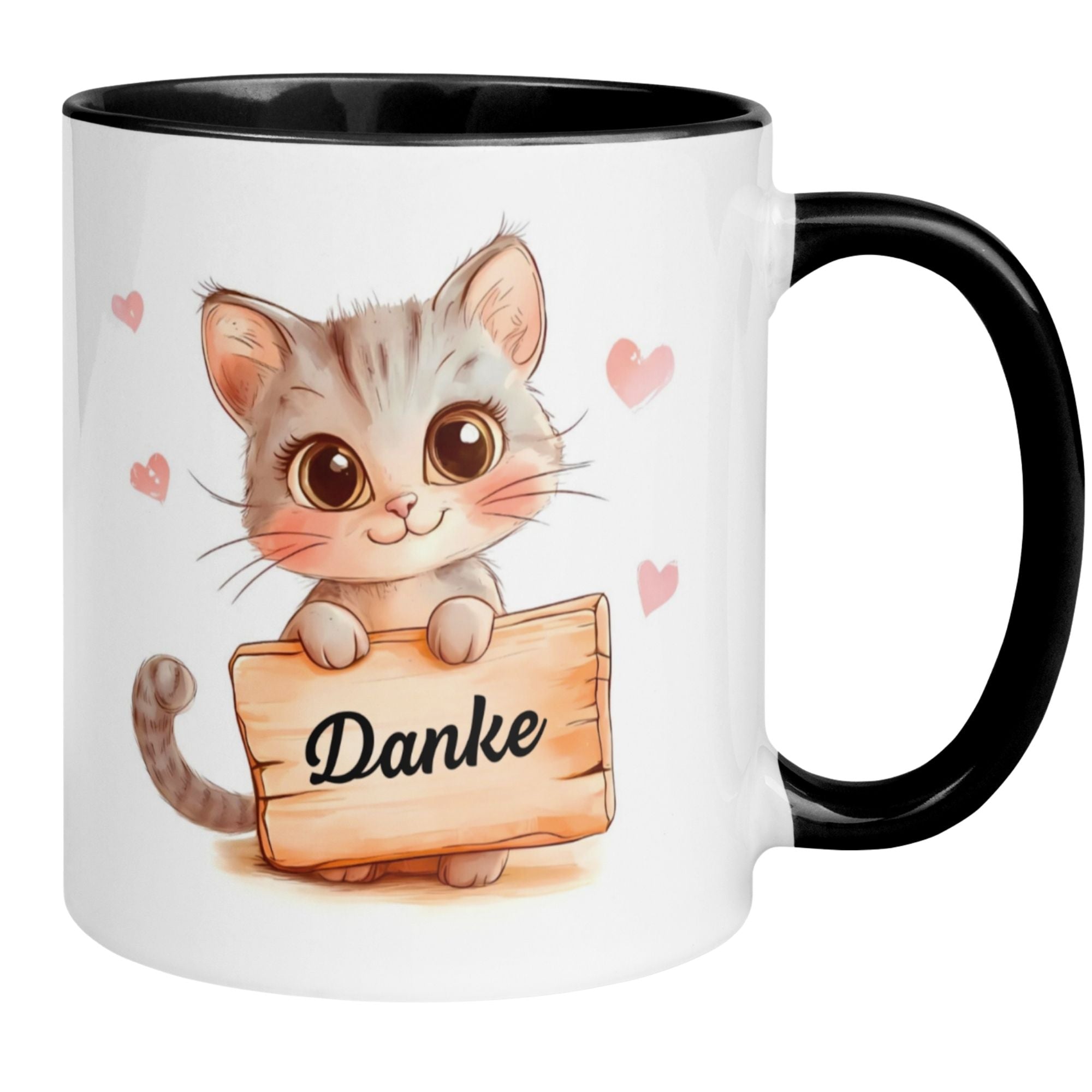 Momentals Katzen Tasse mit süßem Motiv und 'Danke'-Schild für Wertschätzung in jeder Kaffeepause.
