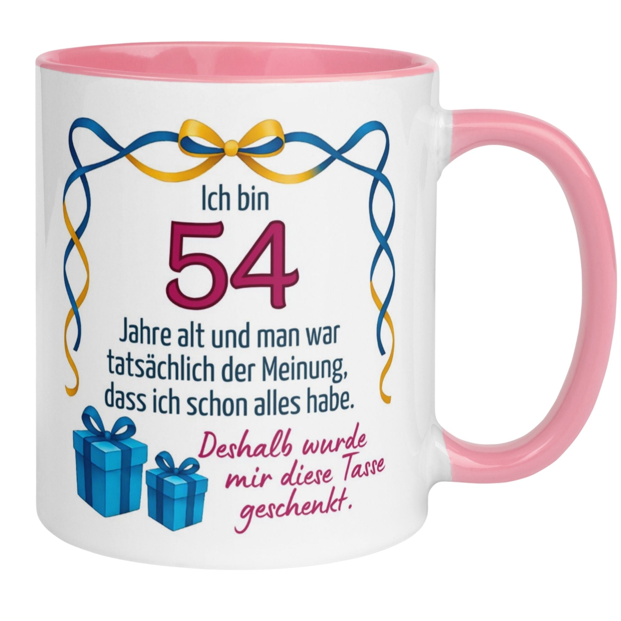 Momentals® Tasse zum 54. Geburtstag mit witzigem Spruch und bunten Geschenken, ideal für Kaffeeliebhaberinnen.