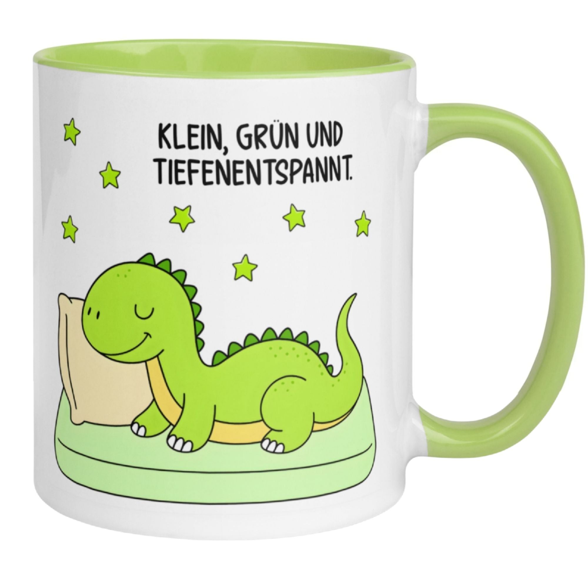 Tasse Dinosaurier – „Klein, grün und tiefenentspannt“ – Dino Geschenk Becher