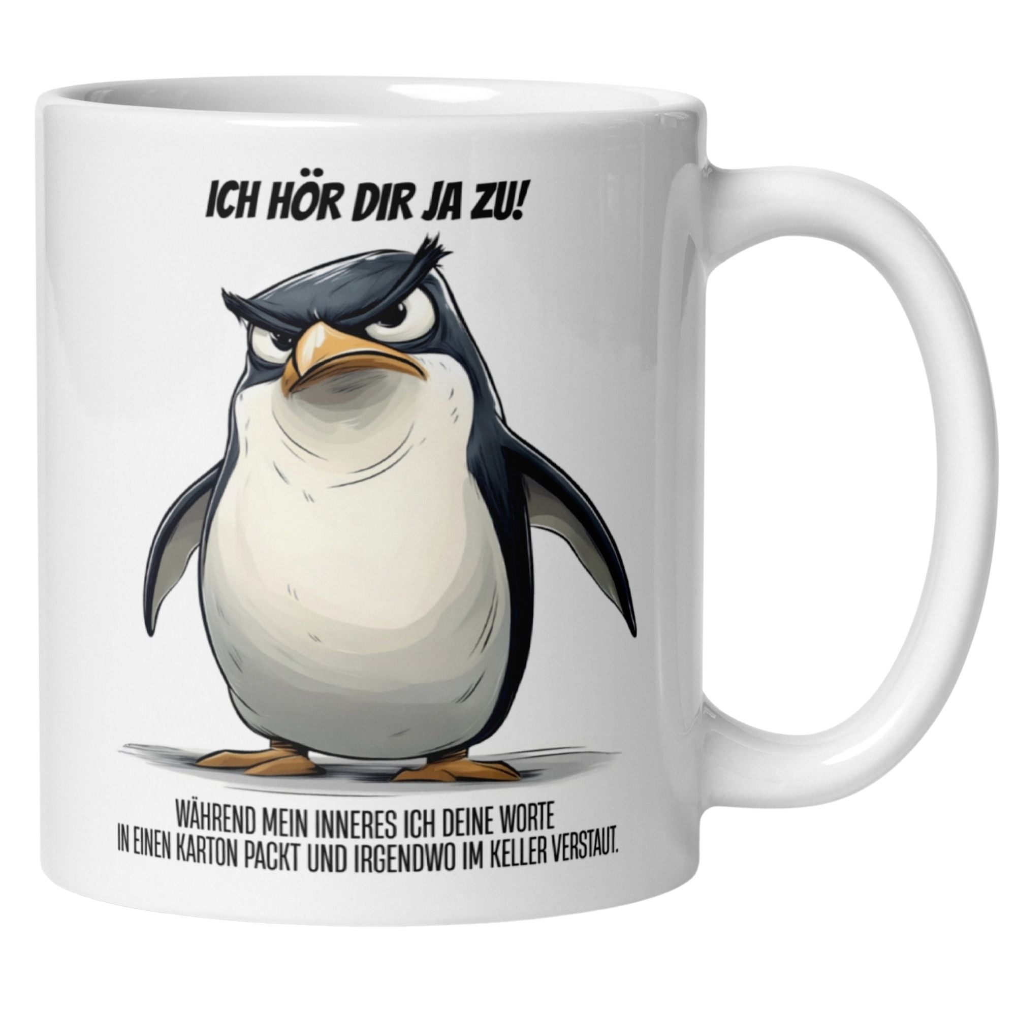 Momentals® Tasse Morgenmuffel | Pinguin & Spruch | Ich hör dir ja zu
