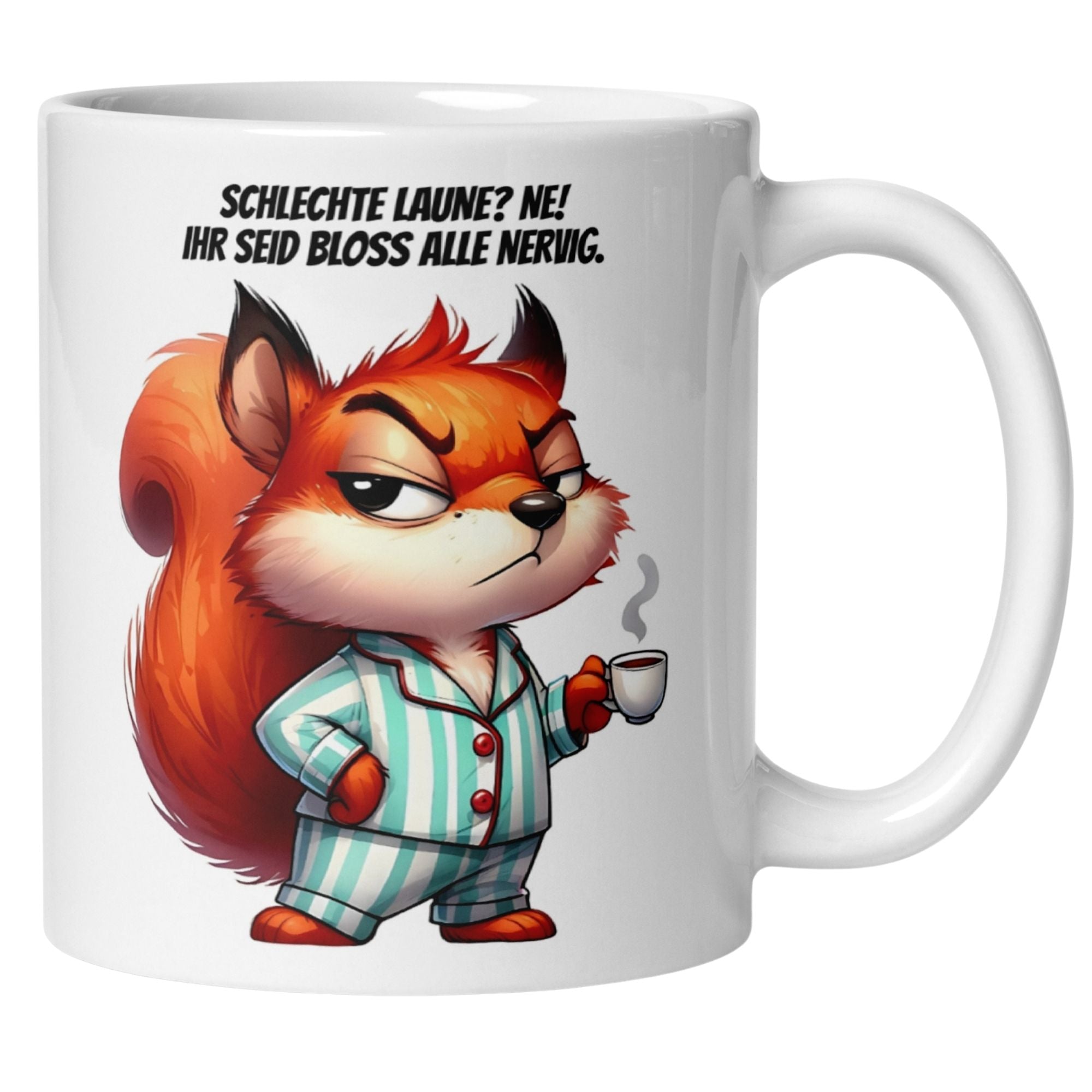 Momentals® Tasse Morgenmuffel mit Eichhörnchen, Spruch über schlechte Laune und Humor.