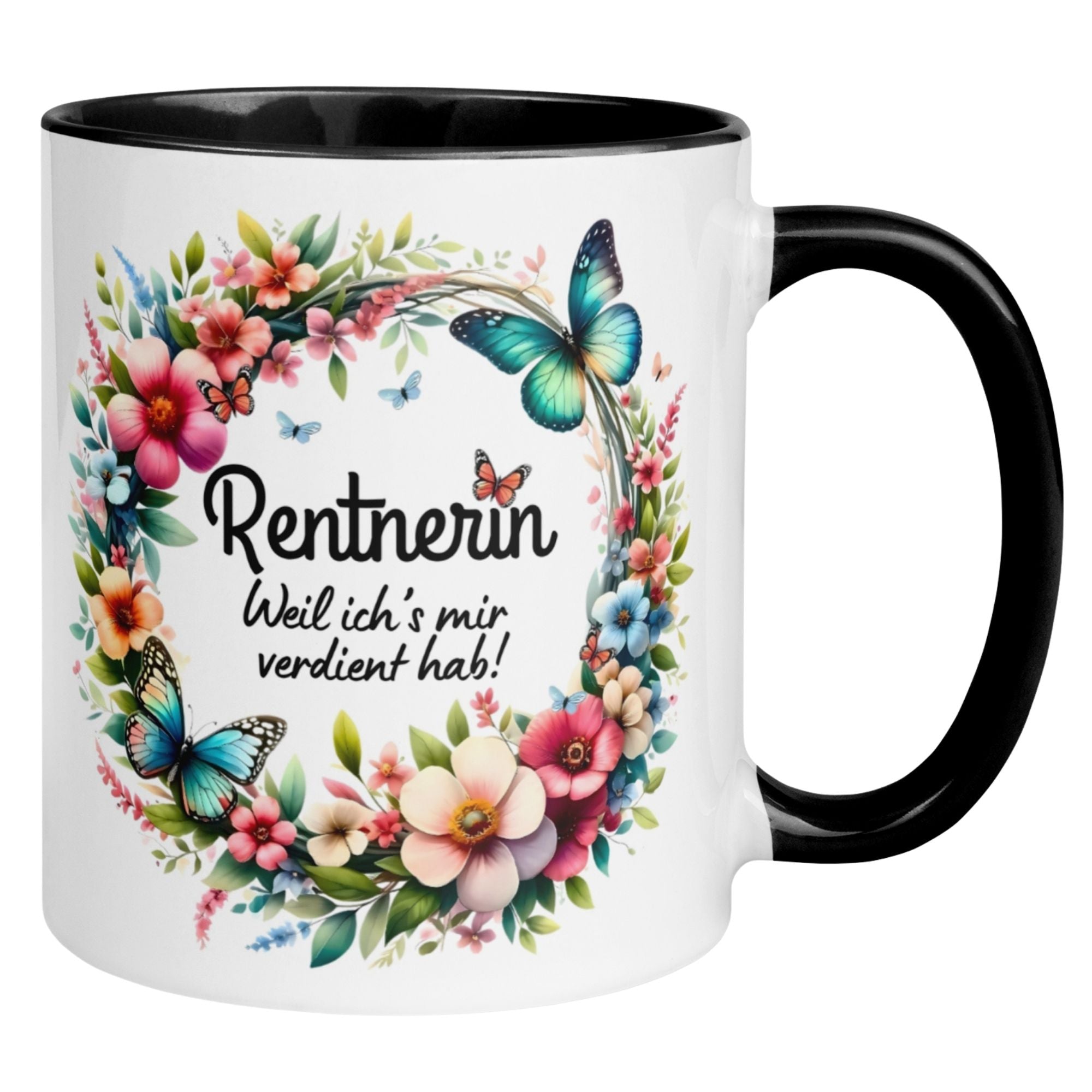 Momentals Tasse für Rentnerin mit buntem Blumenkreis und Schmetterlingen, ideal zum Renteneintritt.
