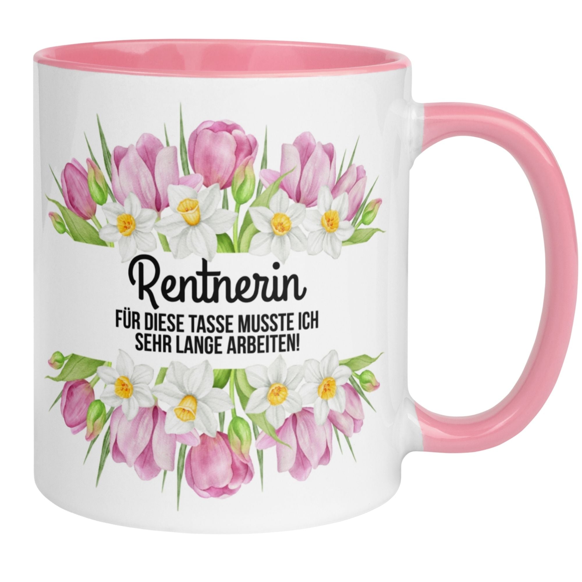 Momentals Tasse mit dem Spruch für Rentnerinnen, rosa und weiße Frühlingsblumen, ideales Geschenk zum Renteneintritt