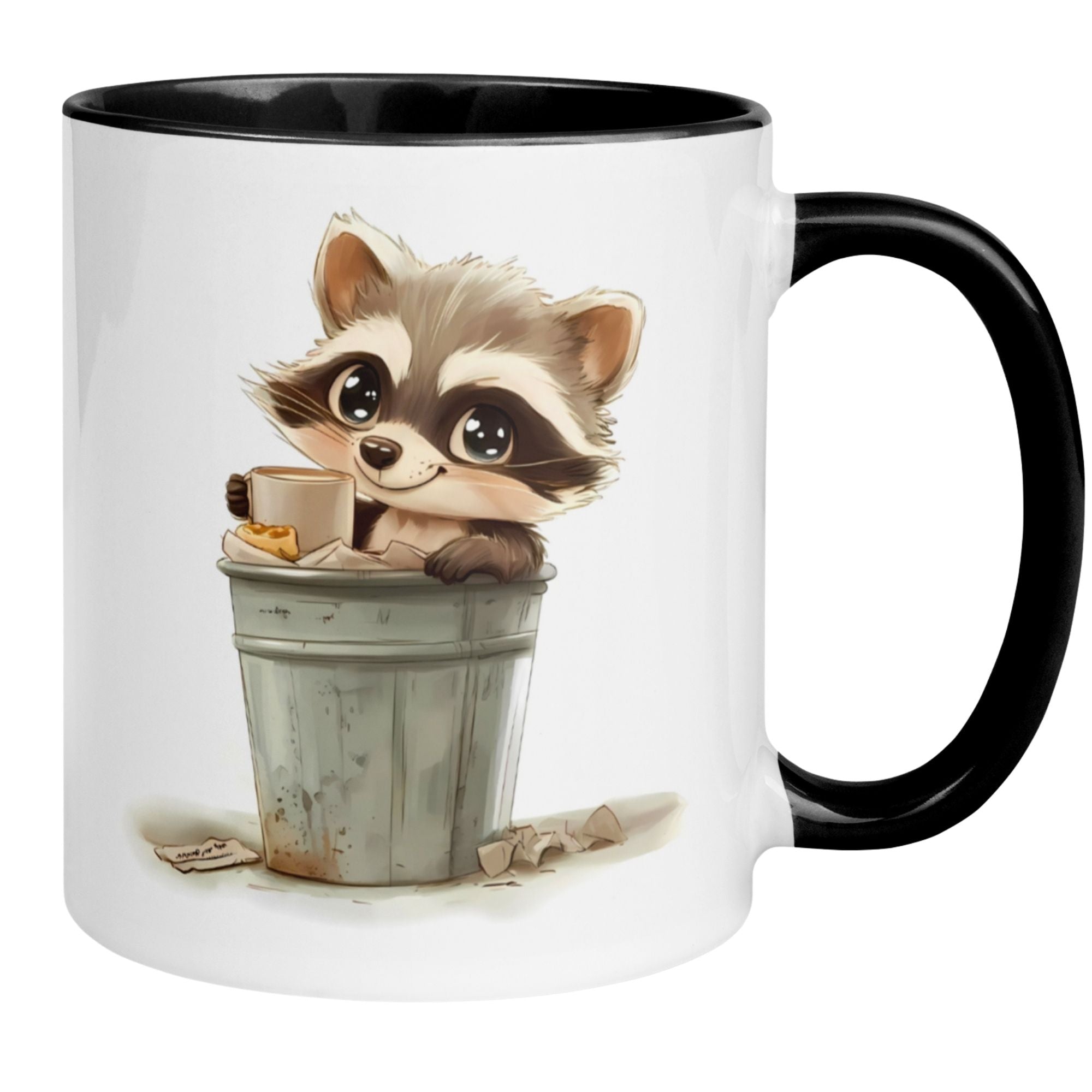Kaffeetasse mit niedlichem Waschbären, der aus einem Mülleimer schaut – perfekt für Morgenmuffel!