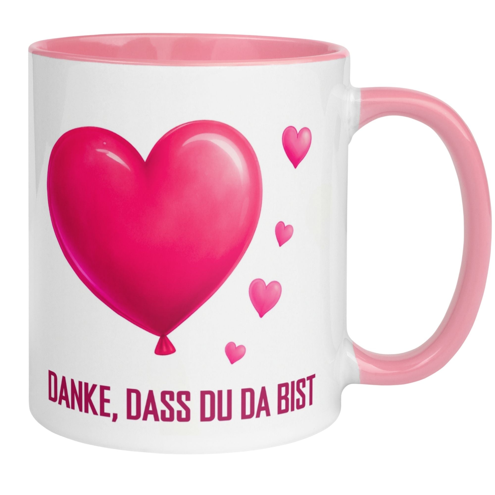 Momentals Tasse mit Herzballon-Motiv und der Aufschrift 'Danke, dass du da bist' für wertschätzende Kaffeepausen.