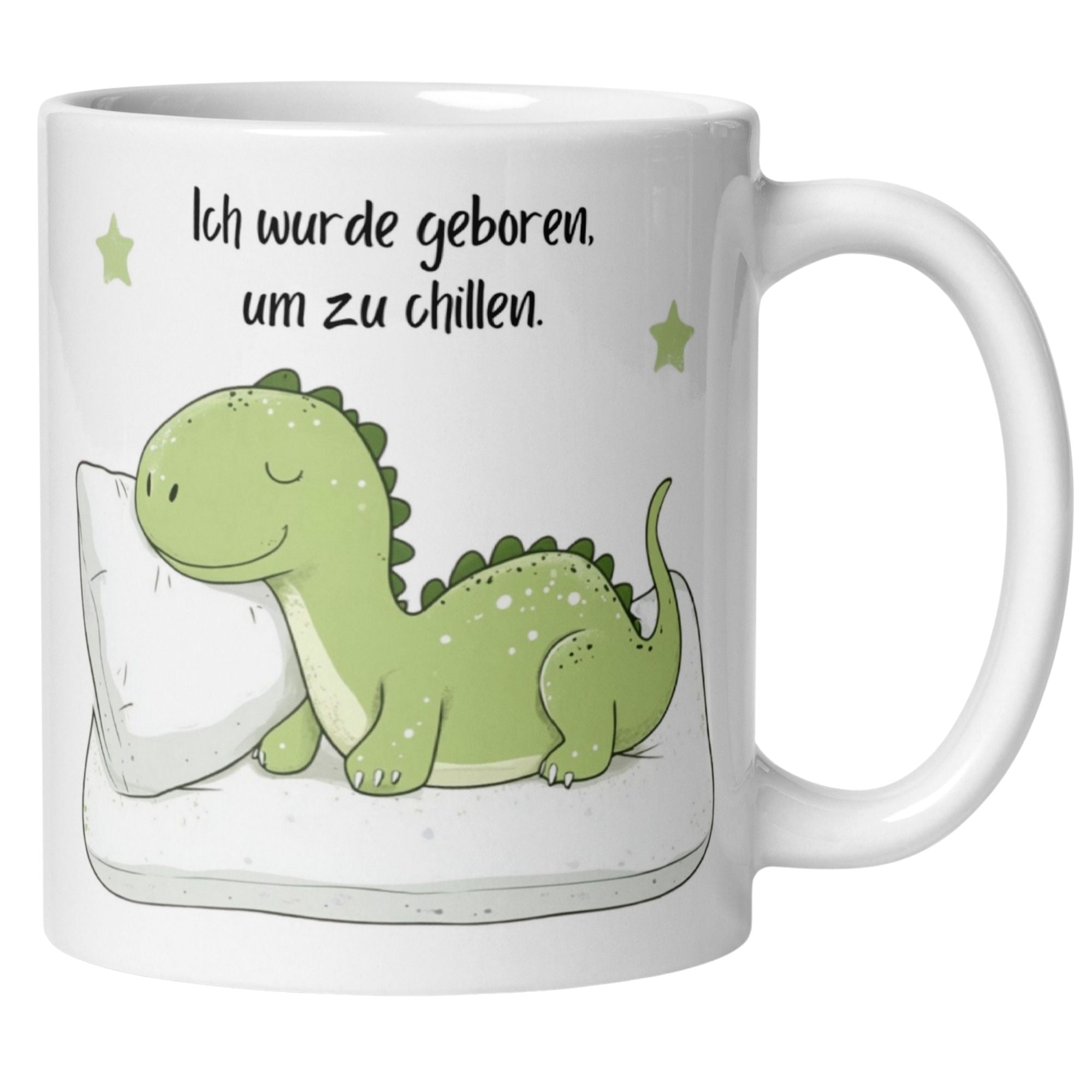 Niedliche Dino-Tasse mit Spruch "Ich wurde geboren, um zu chillen" für entspannte Kaffee-Momente.