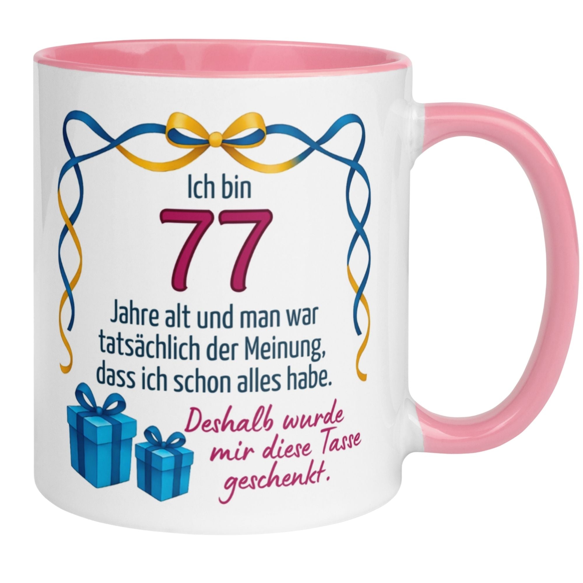 Momentals® Tasse zum 77. Geburtstag mit witzigem Spruch und Geschenken, ideal für humorvolle Geburtstagsfeiern.