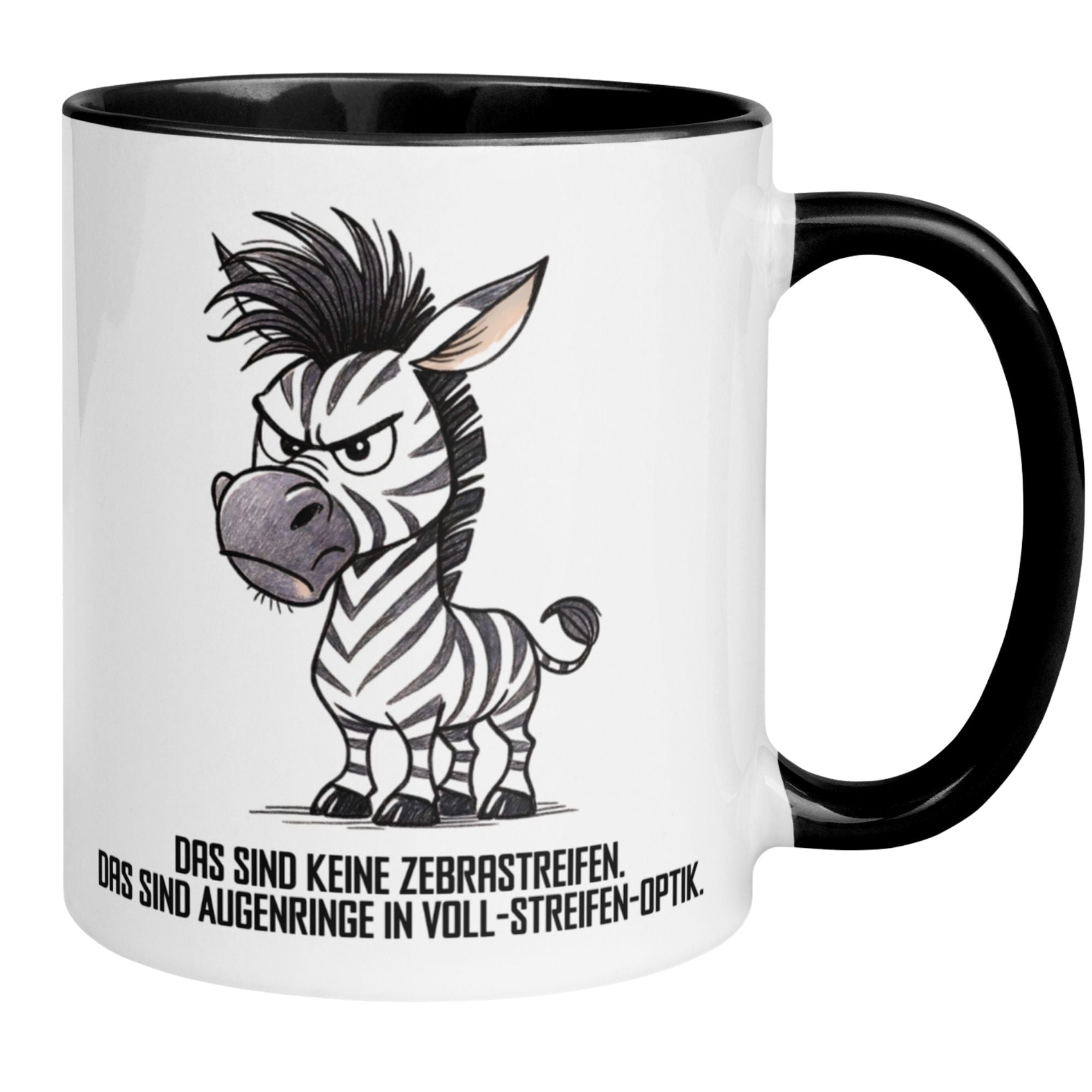 Momentals® Tasse Morgenmuffel mit witzigem Zebra und Spruch: 'Das sind keine Zebrastreifen, sondern Augenringe.'