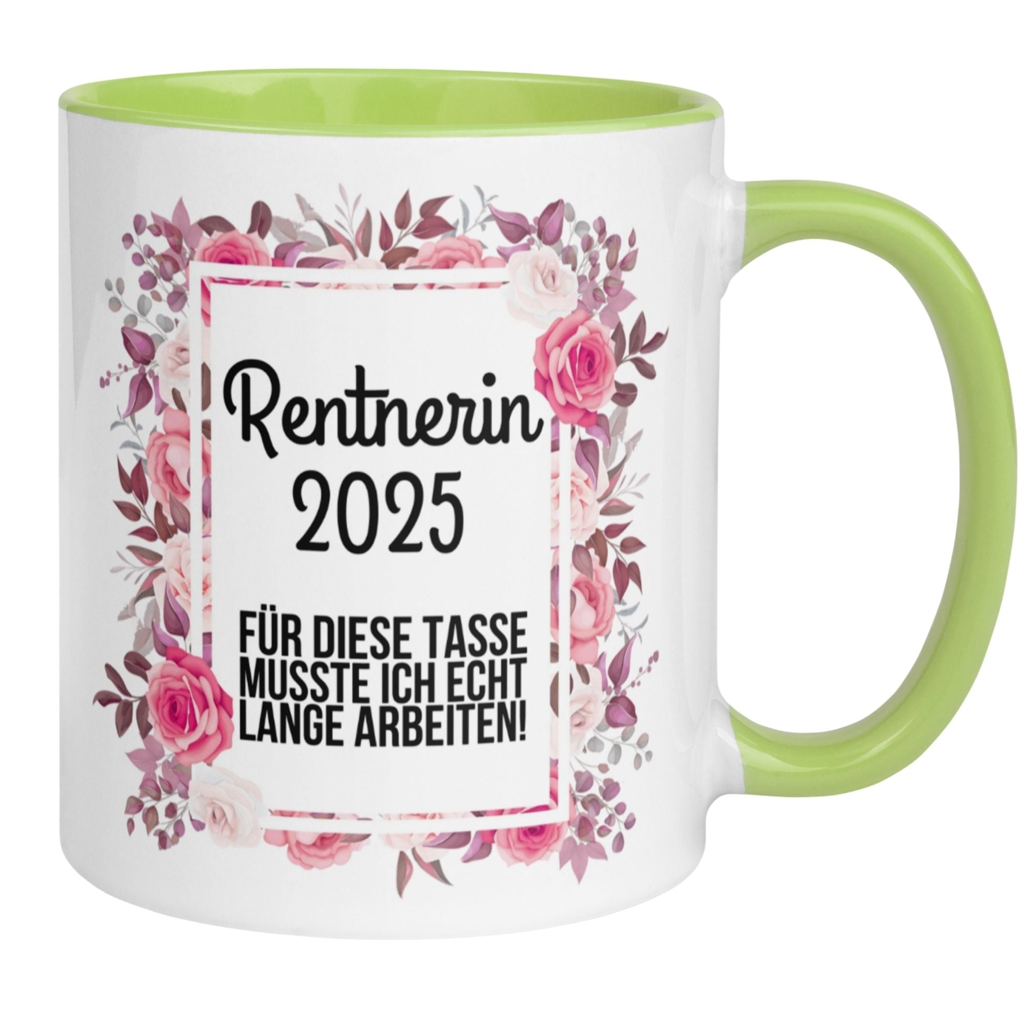 Momentals Tasse für Rentnerin 2025 mit fröhlichem Blumendesign und Spruch über lange Arbeit.