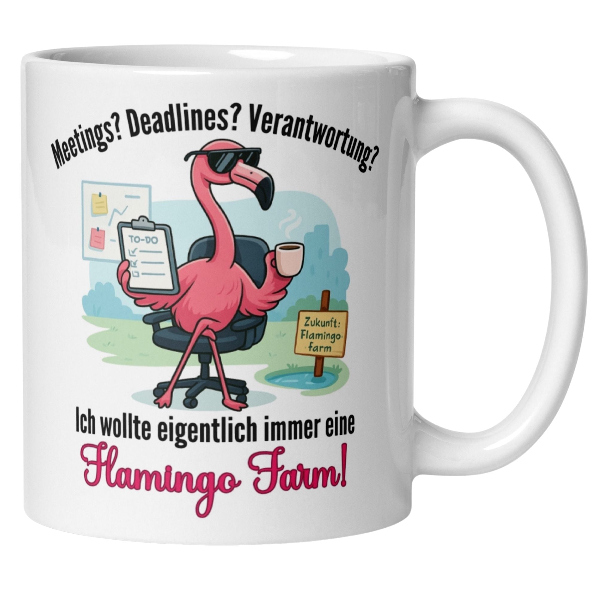 Humorous flamingo mug for morning grumps with slogan about wanting a flamingo farm instead of deadlines.