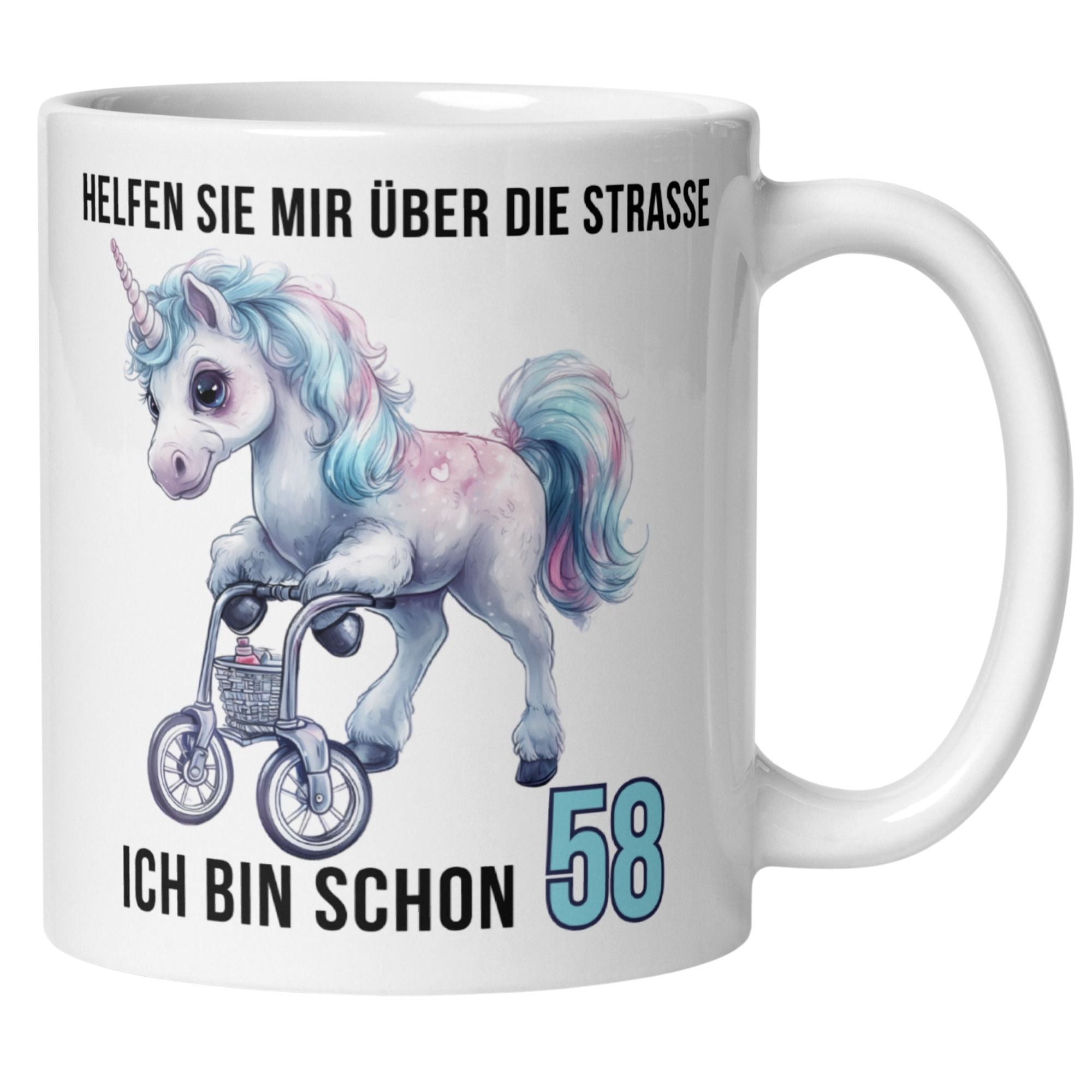 Momentals® Tasse 58. Geburtstag | Einhorn & Spruch | Helfen Sie mir über die Straße ich bin schon 58 • Momentals