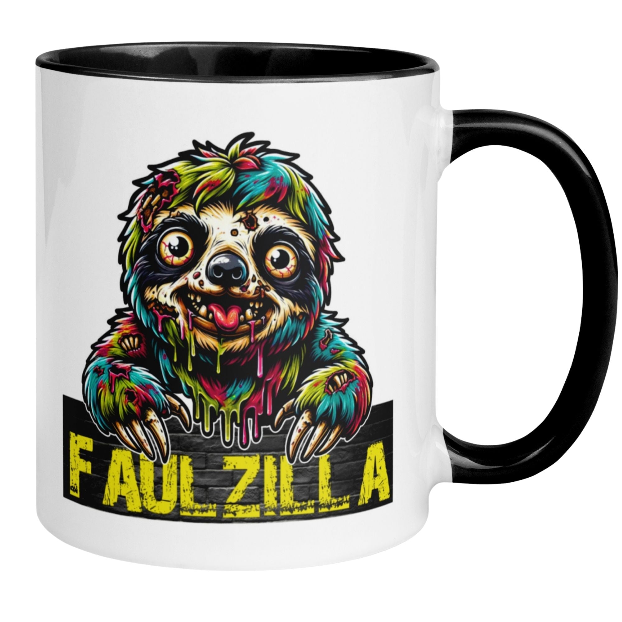 Funky Faulzilla mug featuring a colorful sloth design and bold lettering, perfect for chill vibes.