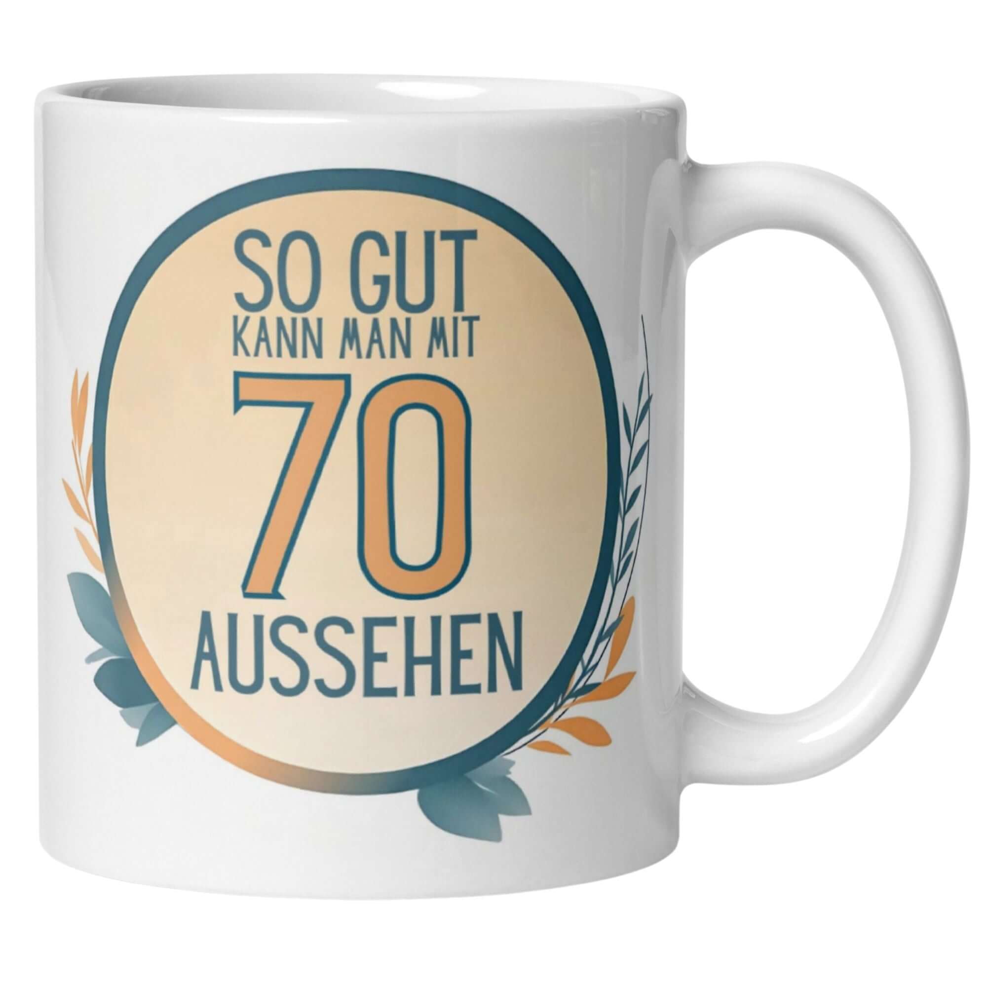 Momentals® Tasse zum 70. Geburtstag mit humorvollem Spruch "So gut kann man mit 70 aussehen".