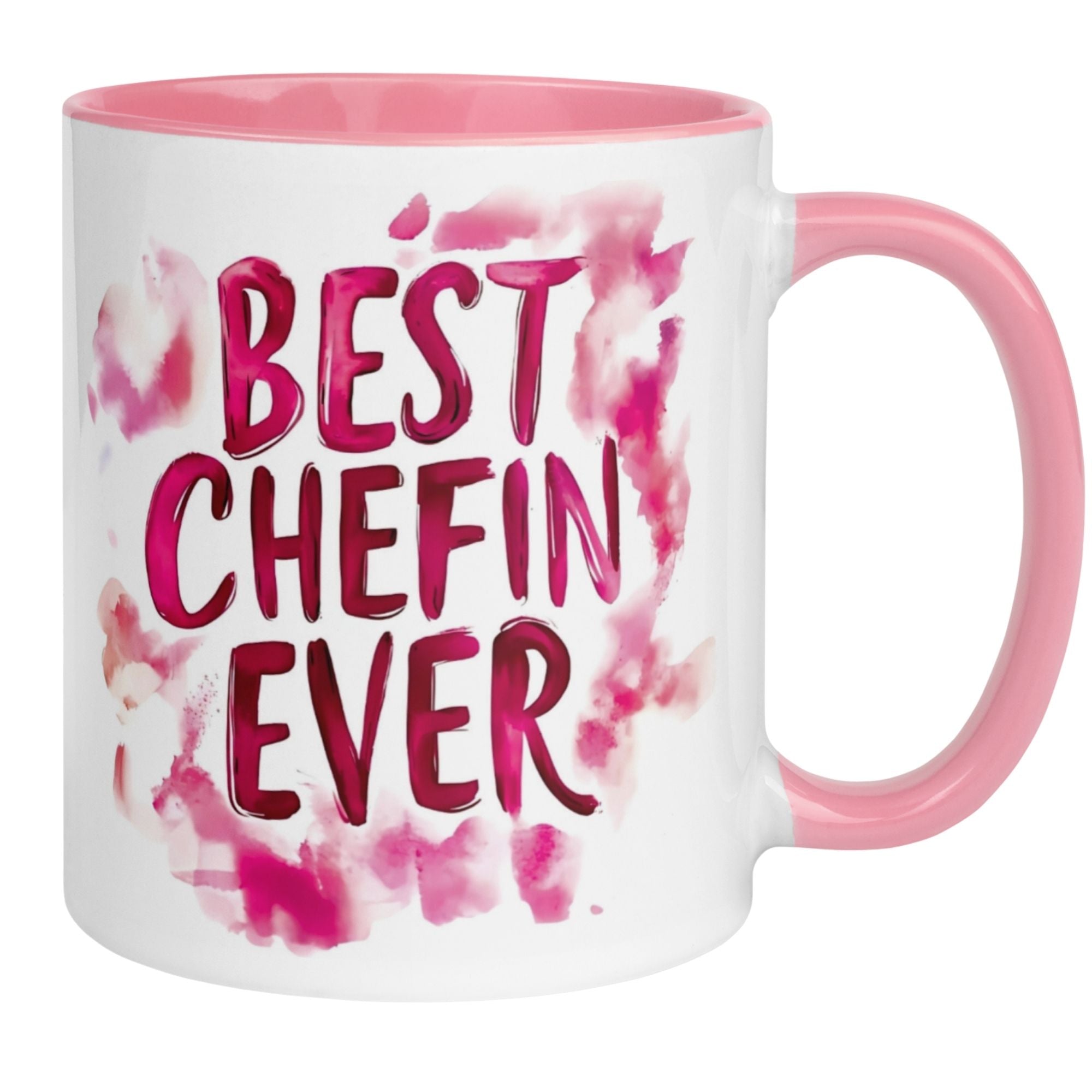Momentals® Tasse mit Aufschrift "Best Chefin Ever" in kräftigen Pink-Aquarellfarben für Abschiedsgeschenke.