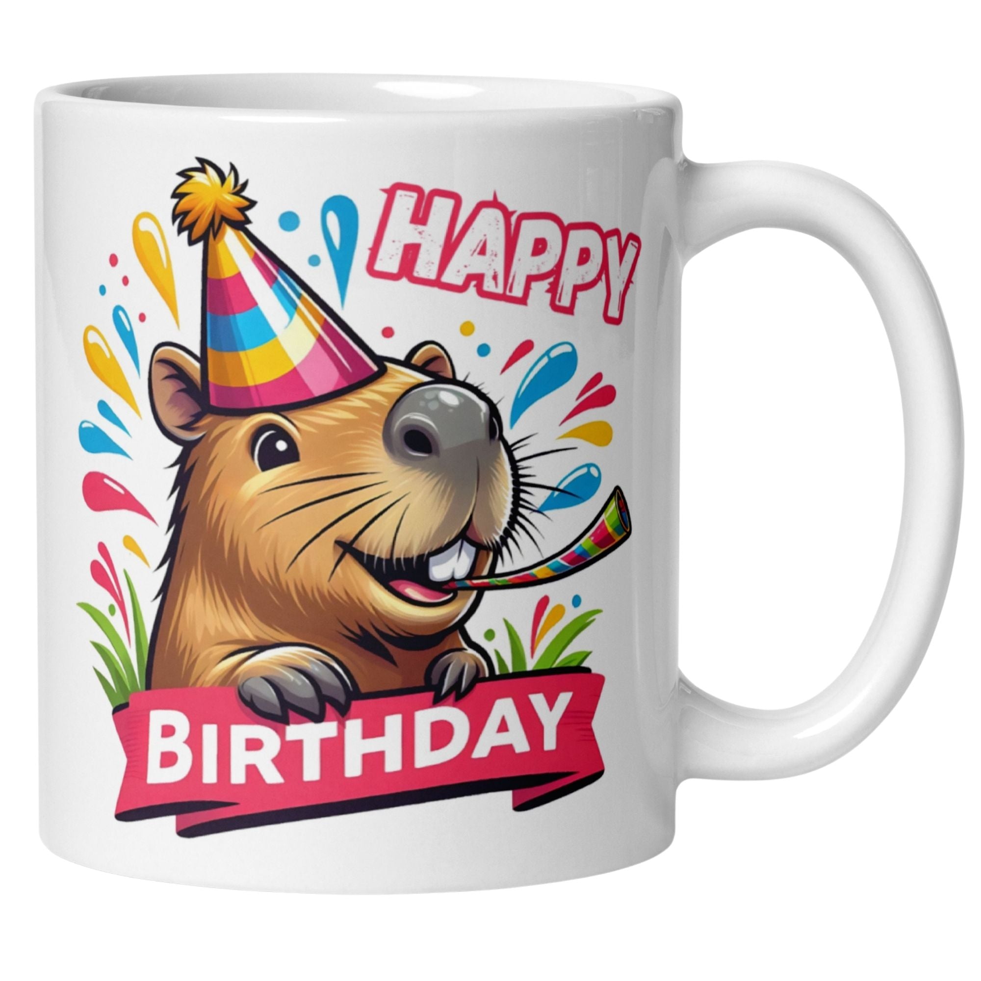 Fröhliche Capybara mit Partyhut und Konfetti auf Geburtstagsmug, ideal für feierliche Frühstücke.