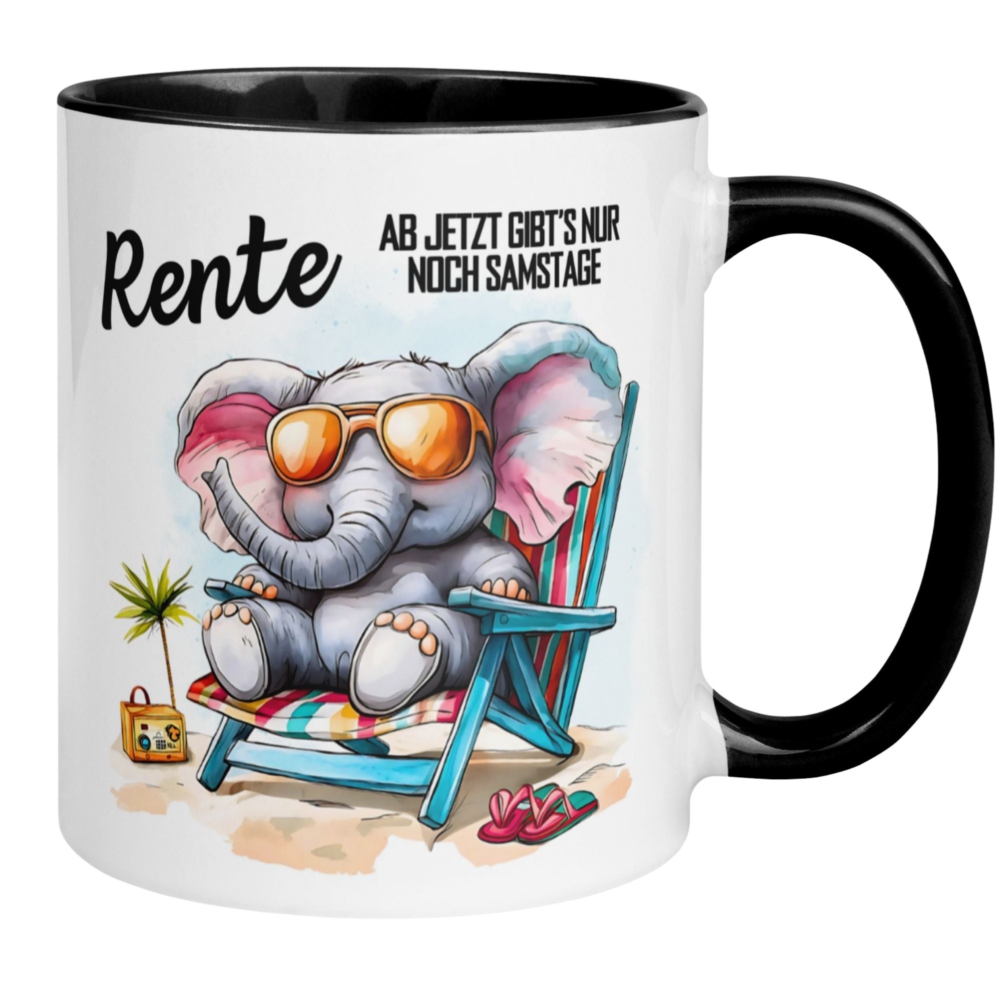 Momentals® Tasse mit Elefant in Sonnenbrille und Spruch zur Rente "Ab jetzt gibt’s nur noch Samstage"