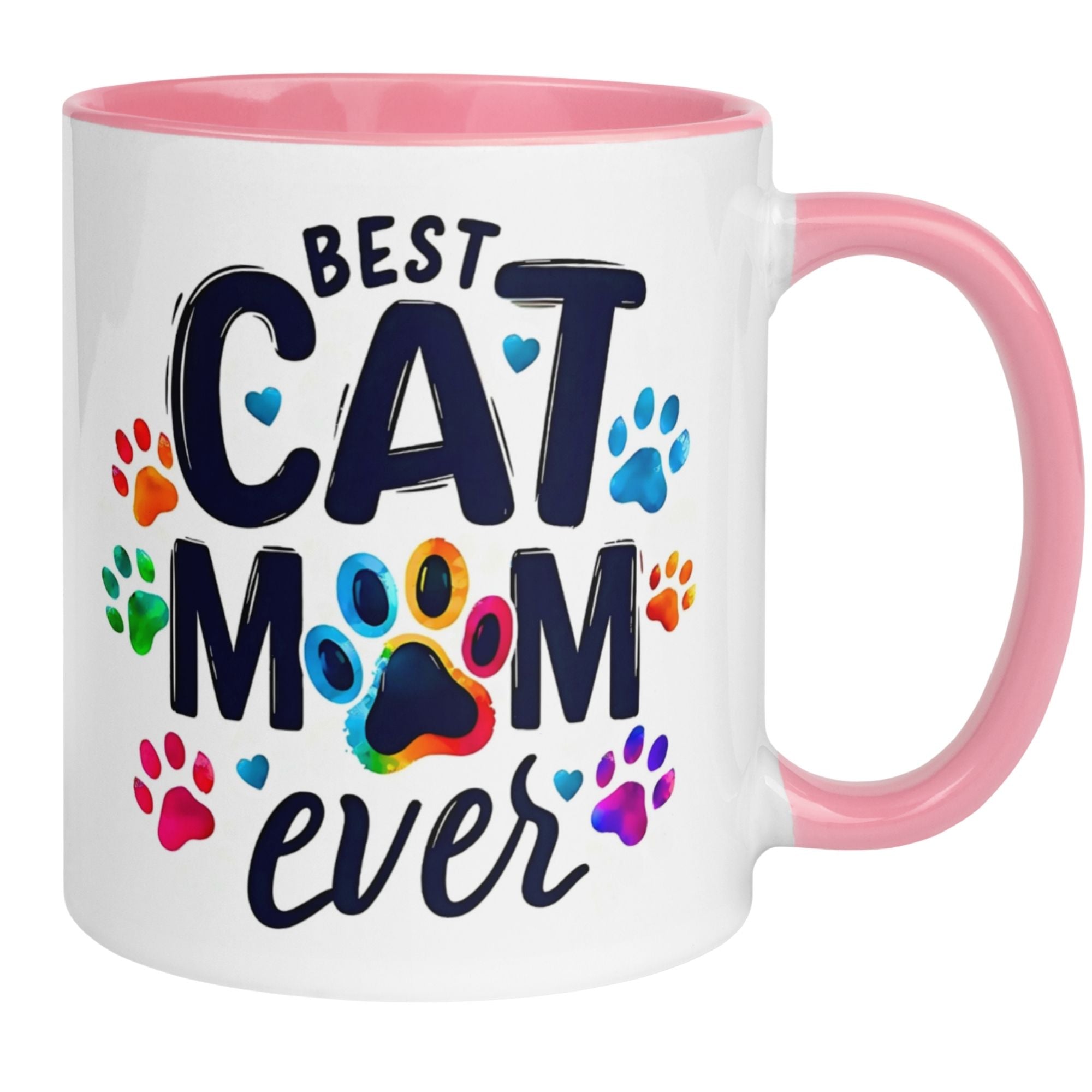 Bunte Momentals Tasse mit dem Spruch 'Best Cat Mom Ever' und farbenfrohen Pfotenabdrücken.