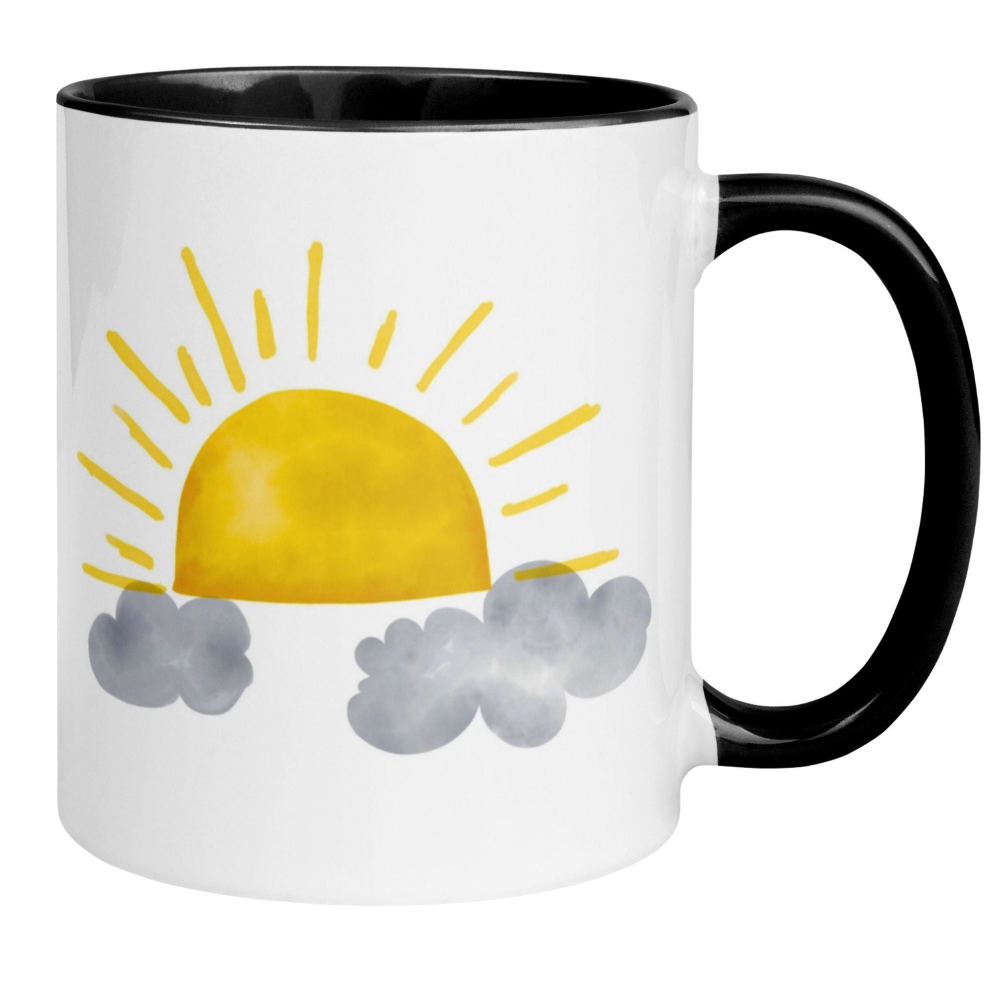 Momentals® Tasse mit Aquarell-Sonnenaufgang und grauen Wolken – ein warmer Start in den Tag.