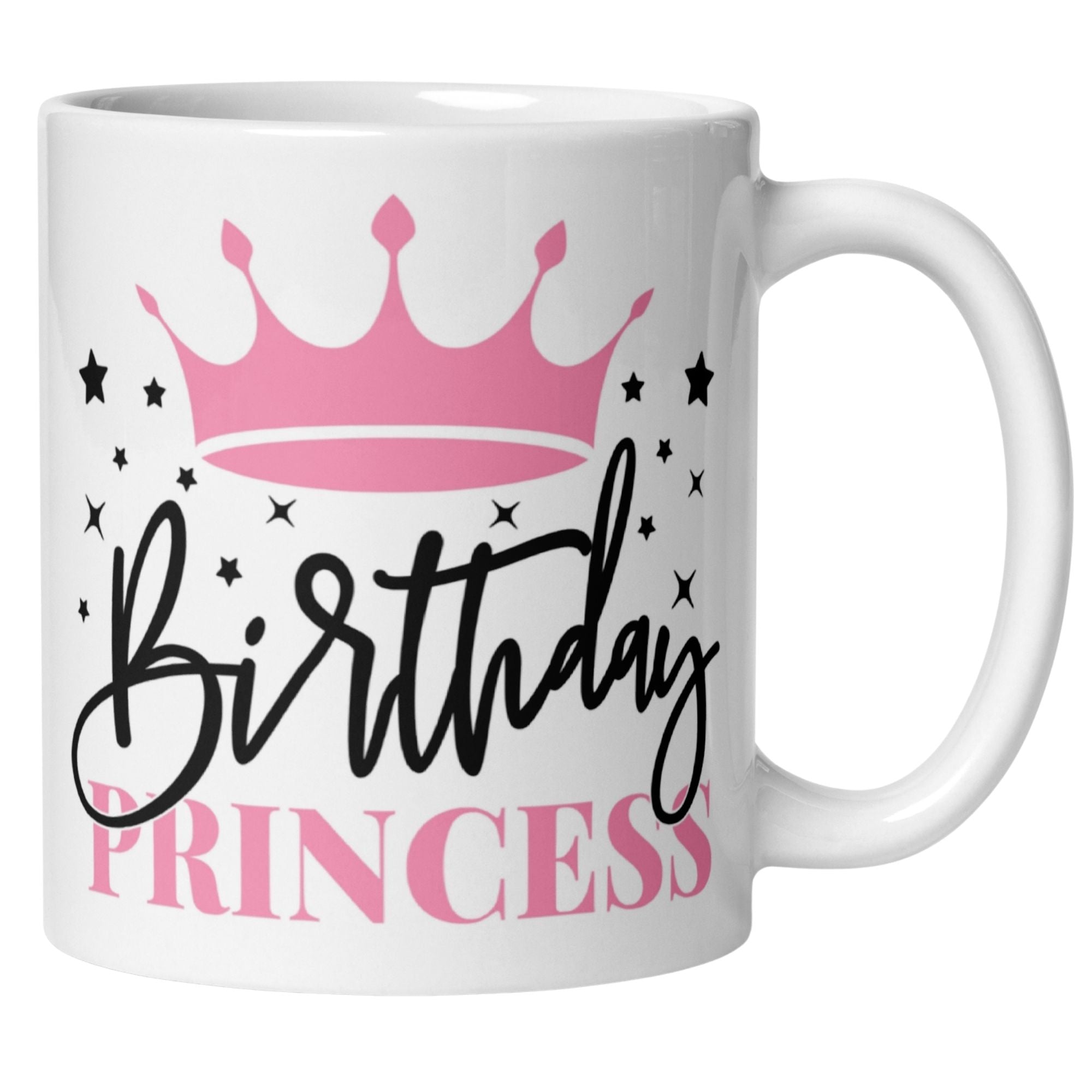 Momentals® Birthday Princess mug with pink crown and stars, perfect for celebrating adult birthdays.