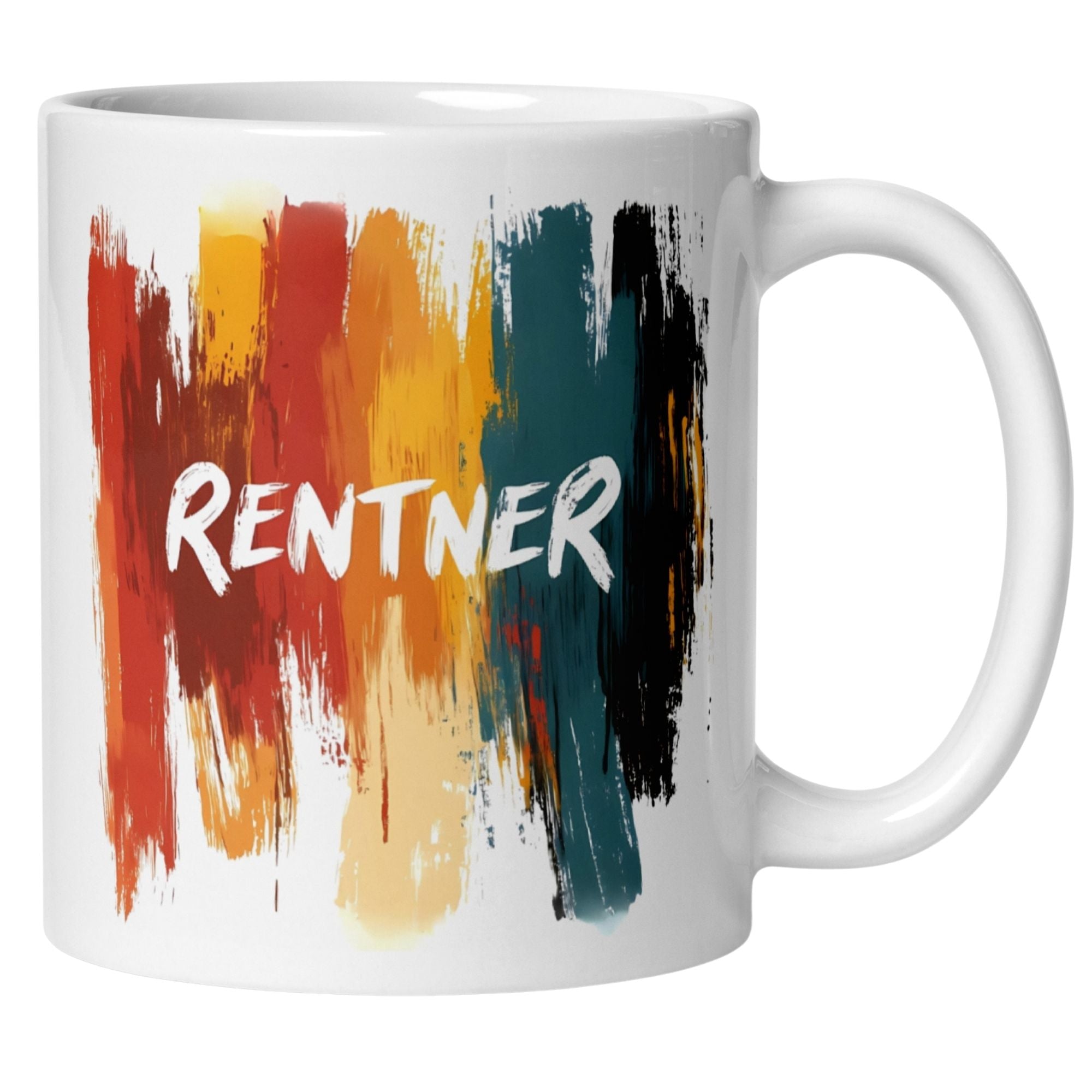 Farbenfrohe Momentals® Tasse mit dem Schriftzug „Rentner“ für frischgebackene Rentner. Stilvolles Geschenk!