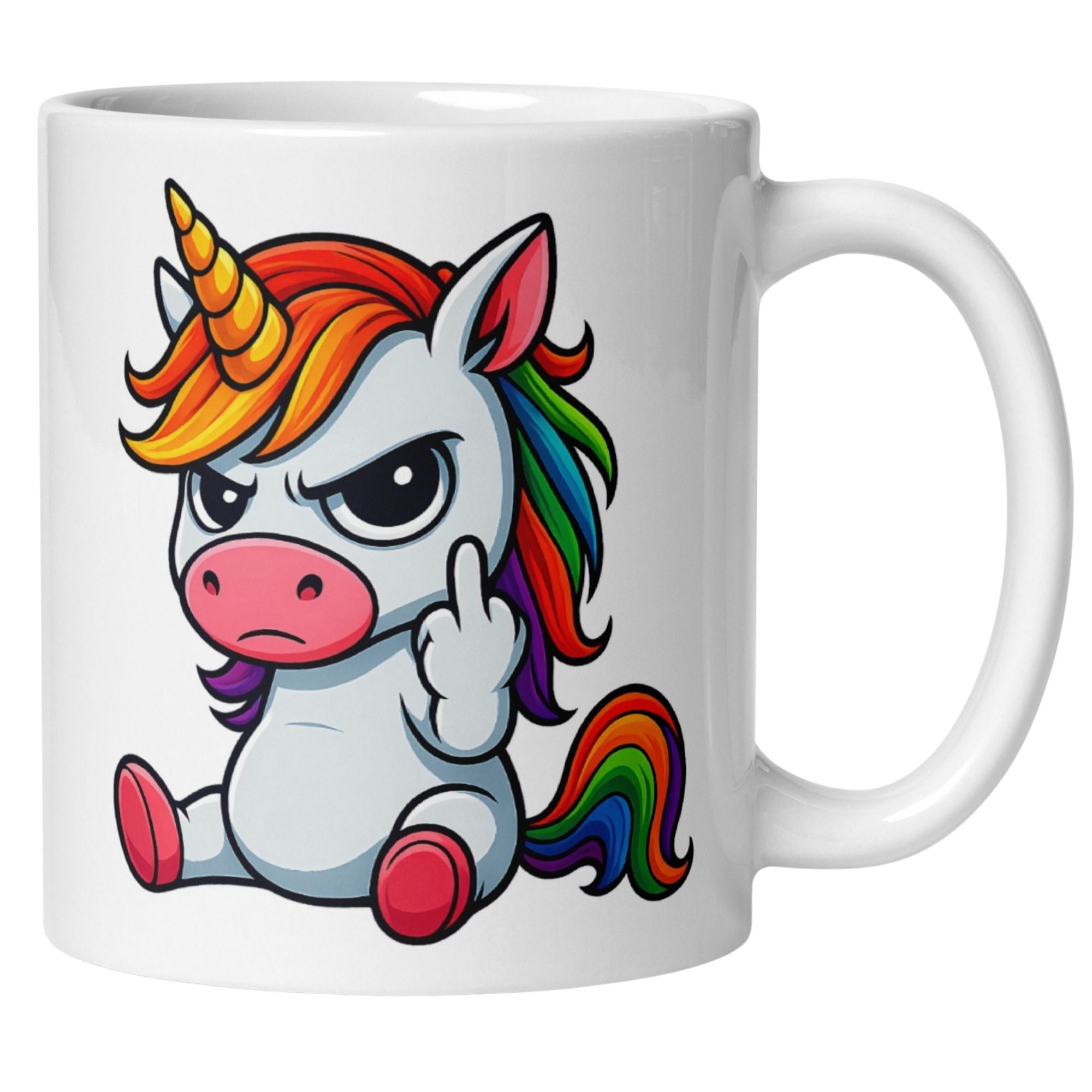 Momentals Einhorn Tasse für Morgenmuffel mit bunter Mähne und erhobenem Mittelfinger