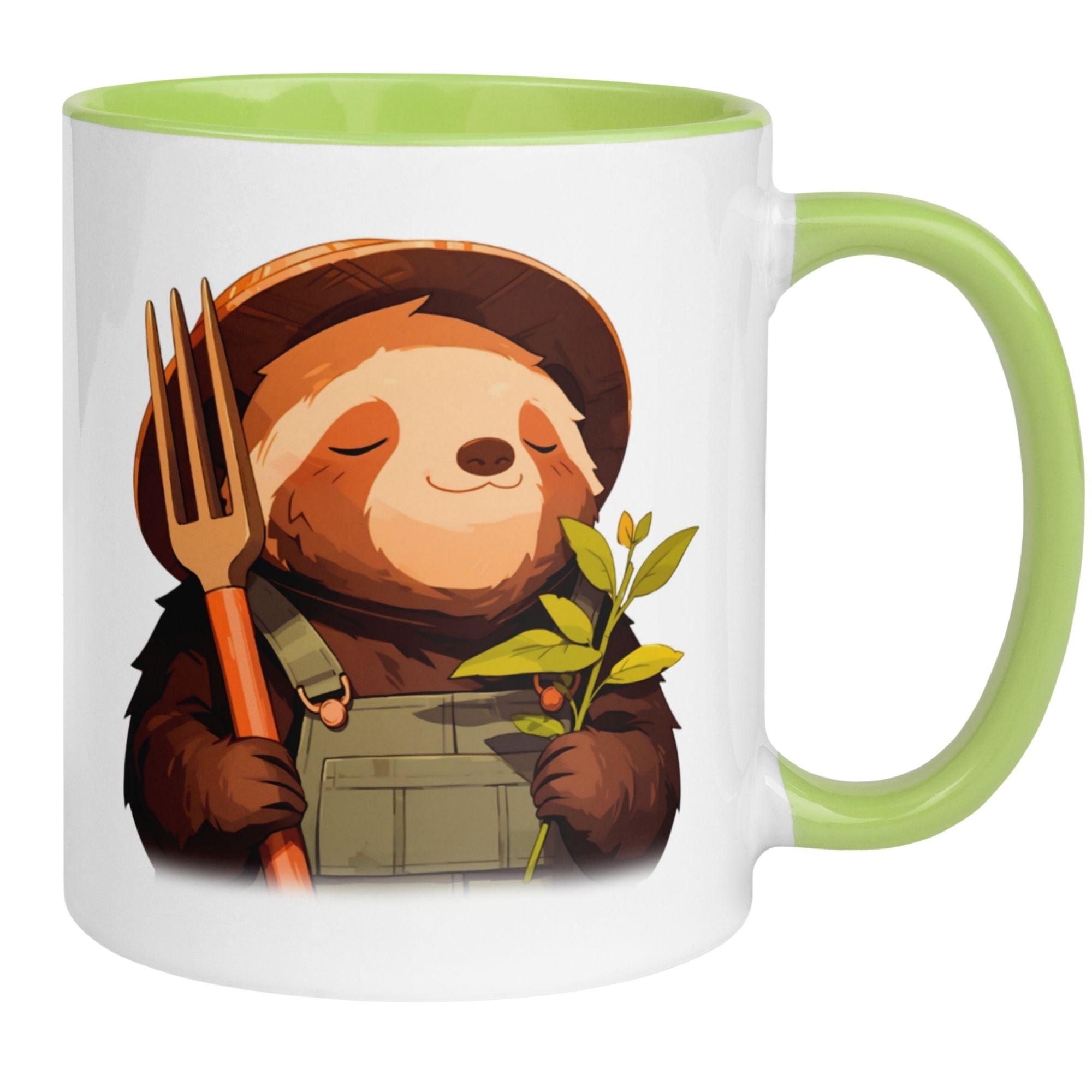 Charming sloth gardener mug with fork and plant, perfect for plant lovers and slow gardening enthusiasts.