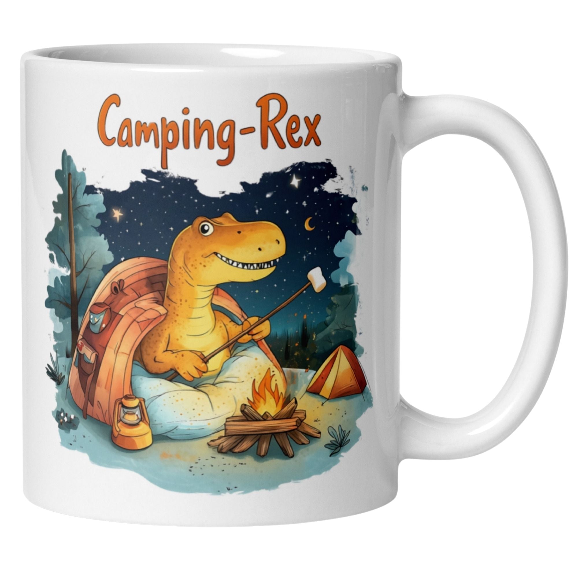 Camping Rex coffee mug featuring a cheerful dinosaur by a campfire under the night sky.