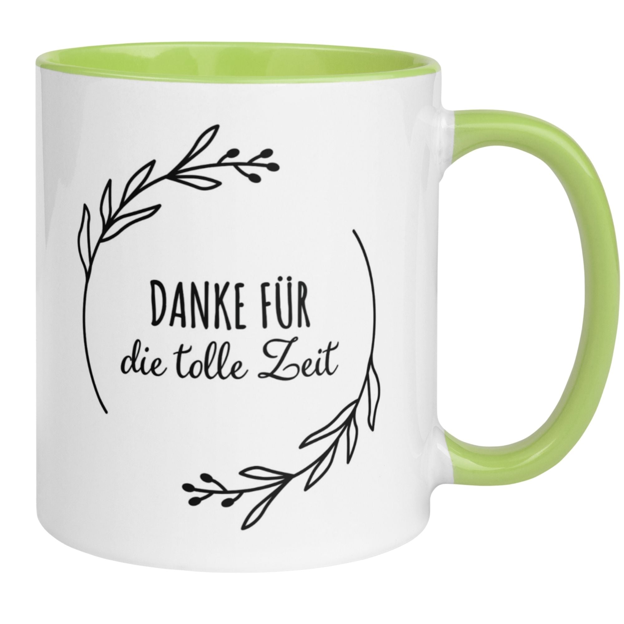 Momentals Tasse Dankeschön mit Blätterzweig-Motiv "Danke für die tolle Zeit" in Grün und Weiß.