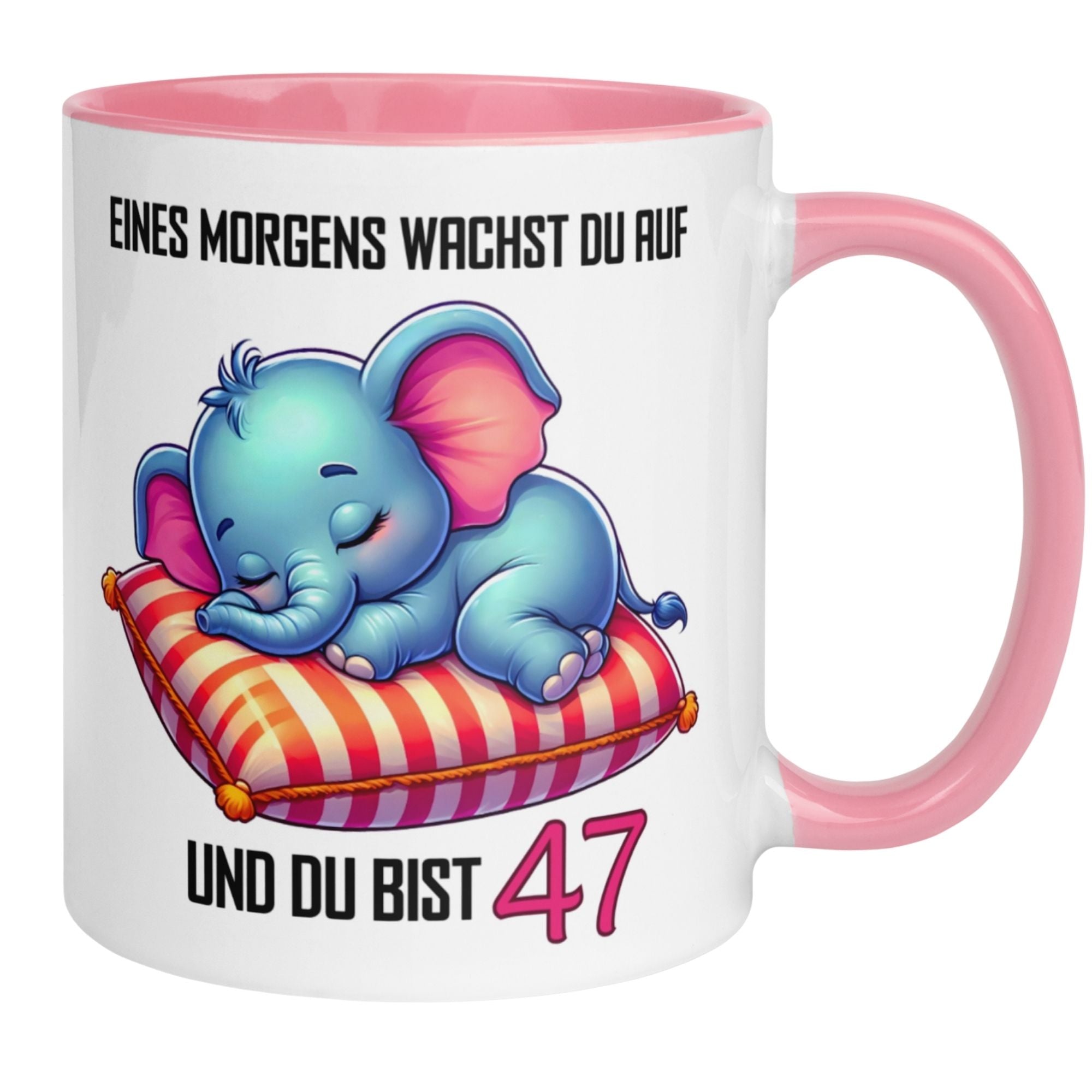 Momentals 47th birthday mug with cute sleeping elephant and playful text, perfect for joyful moments.