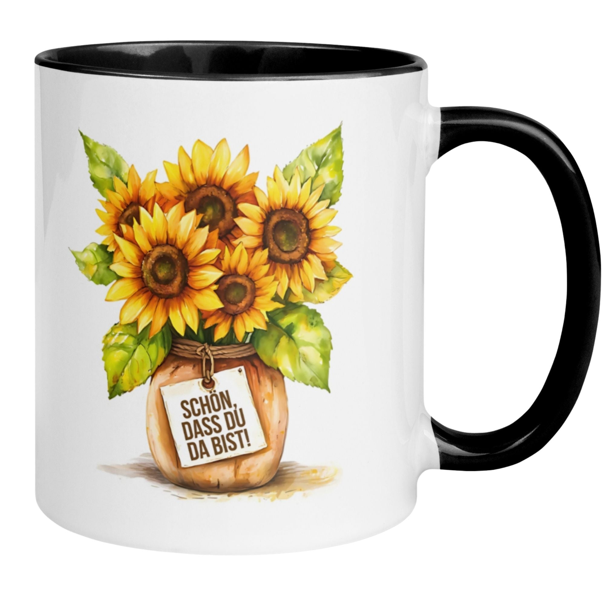 Momentals® Tasse mit Sonnenblumen und Dankesbotschaft "Schön, dass du da bist!" für wertschätzende Kaffeepausen.