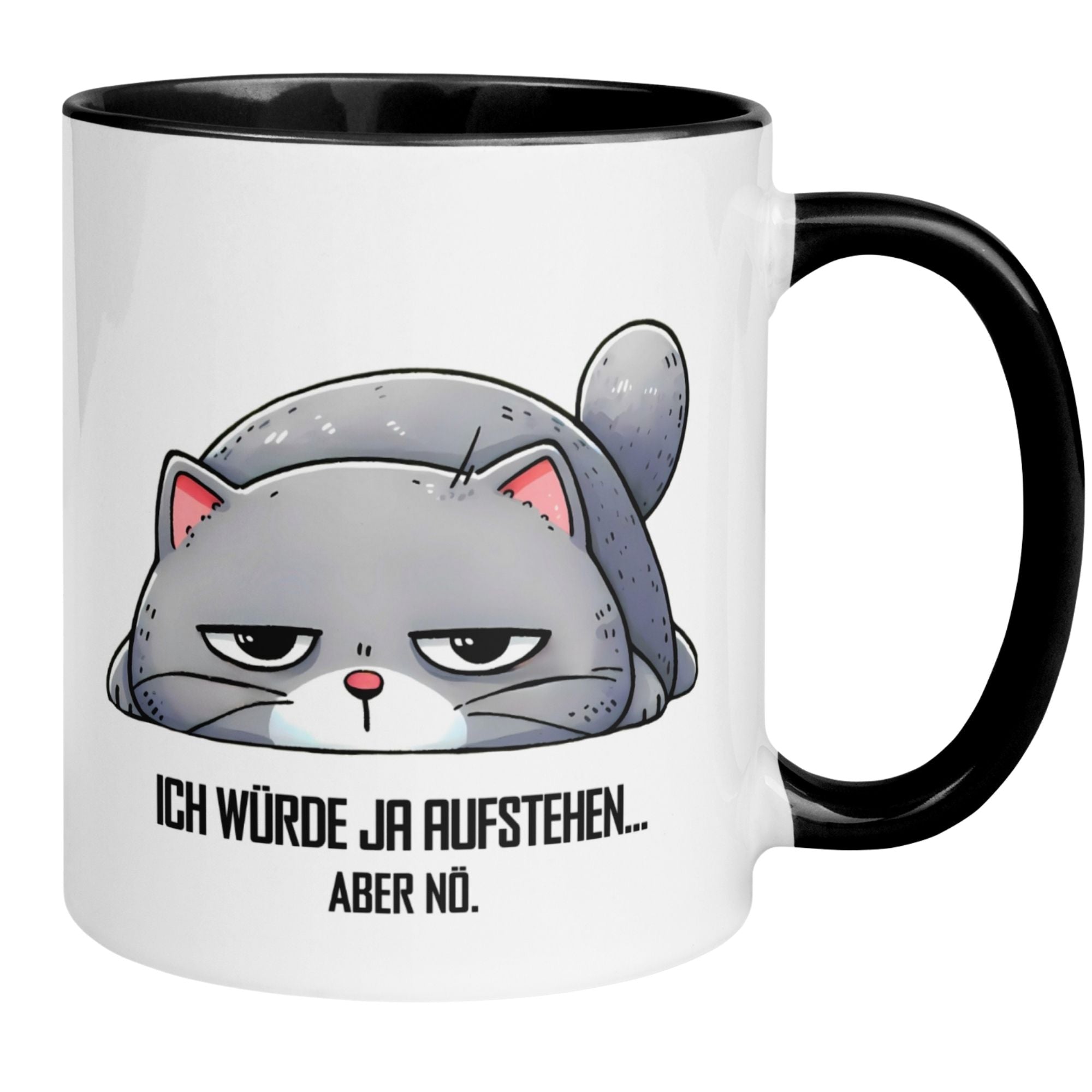 Momentals® Tasse mit Katze und Spruch "Ich würde ja aufstehen – aber nö" für Morgenmuffel.