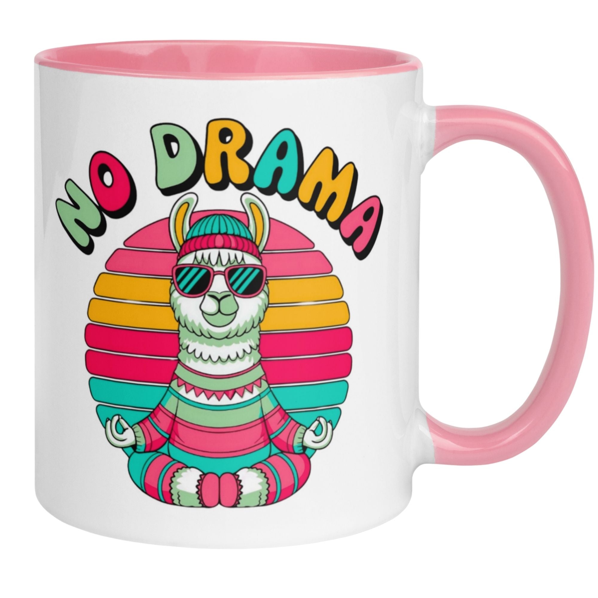 Momentals Tasse mit Lama und Spruch "No Drama" in buntem Design, perfekte für Tierliebhaber.