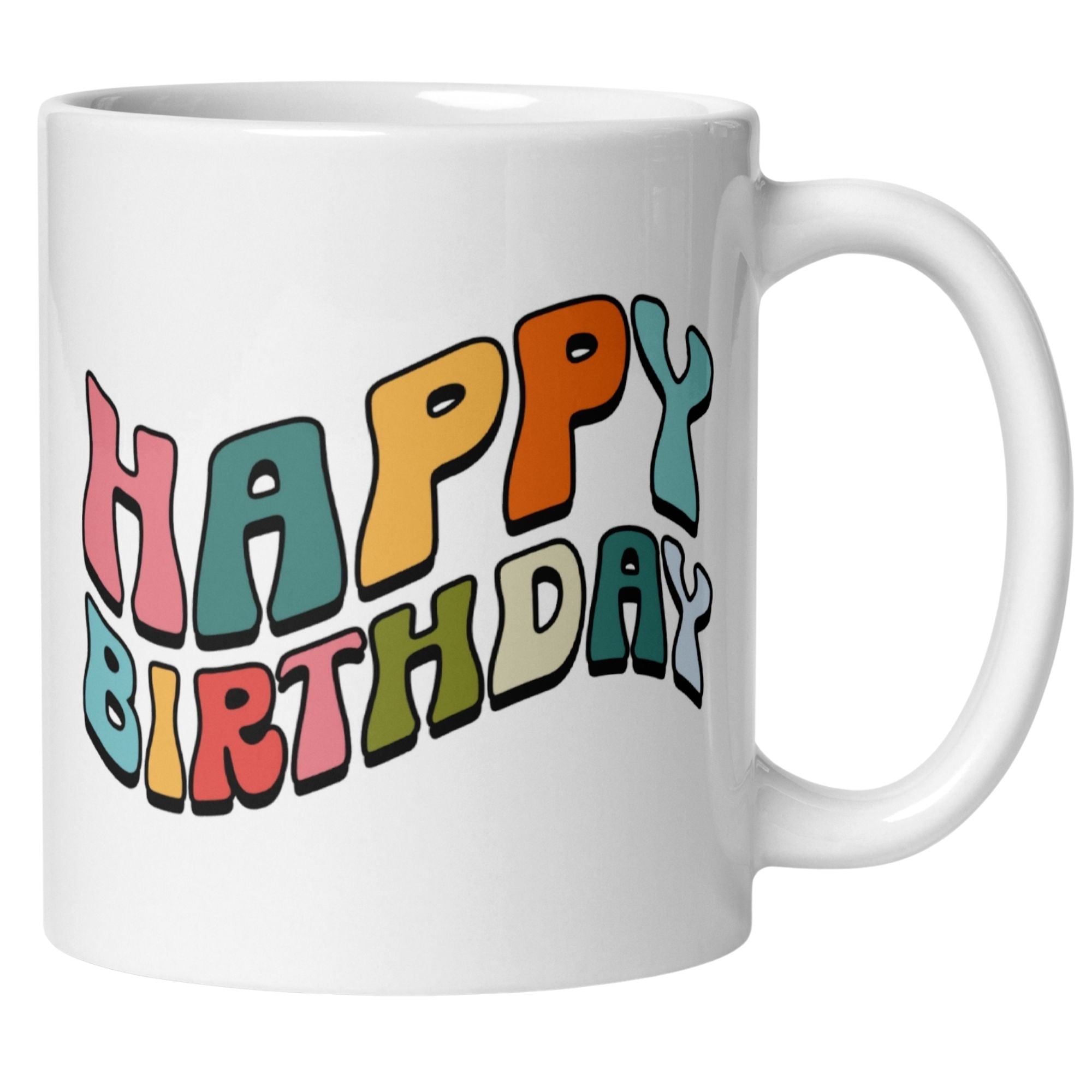 Farbenfrohe Tasse mit dem Schriftzug 'Happy Birthday' im Retro-Stil für Geburtstagsfeiern.