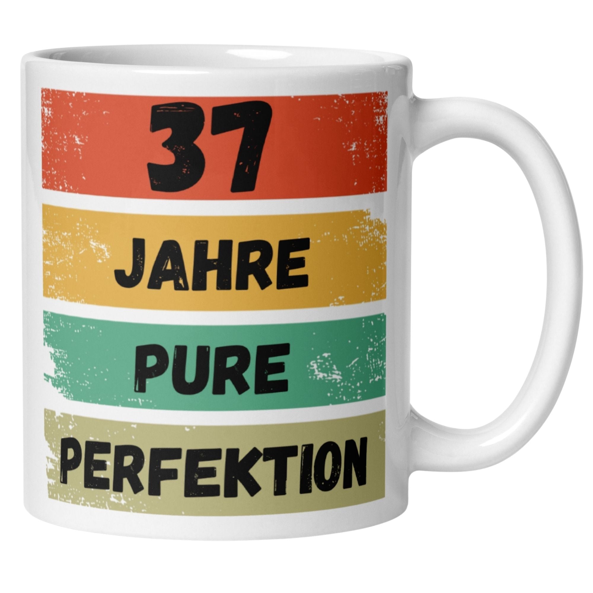 Momentals® Tasse für 37. Geburtstag mit Aufschrift '37 Jahre Pure Perfektion' in bunten Farben.