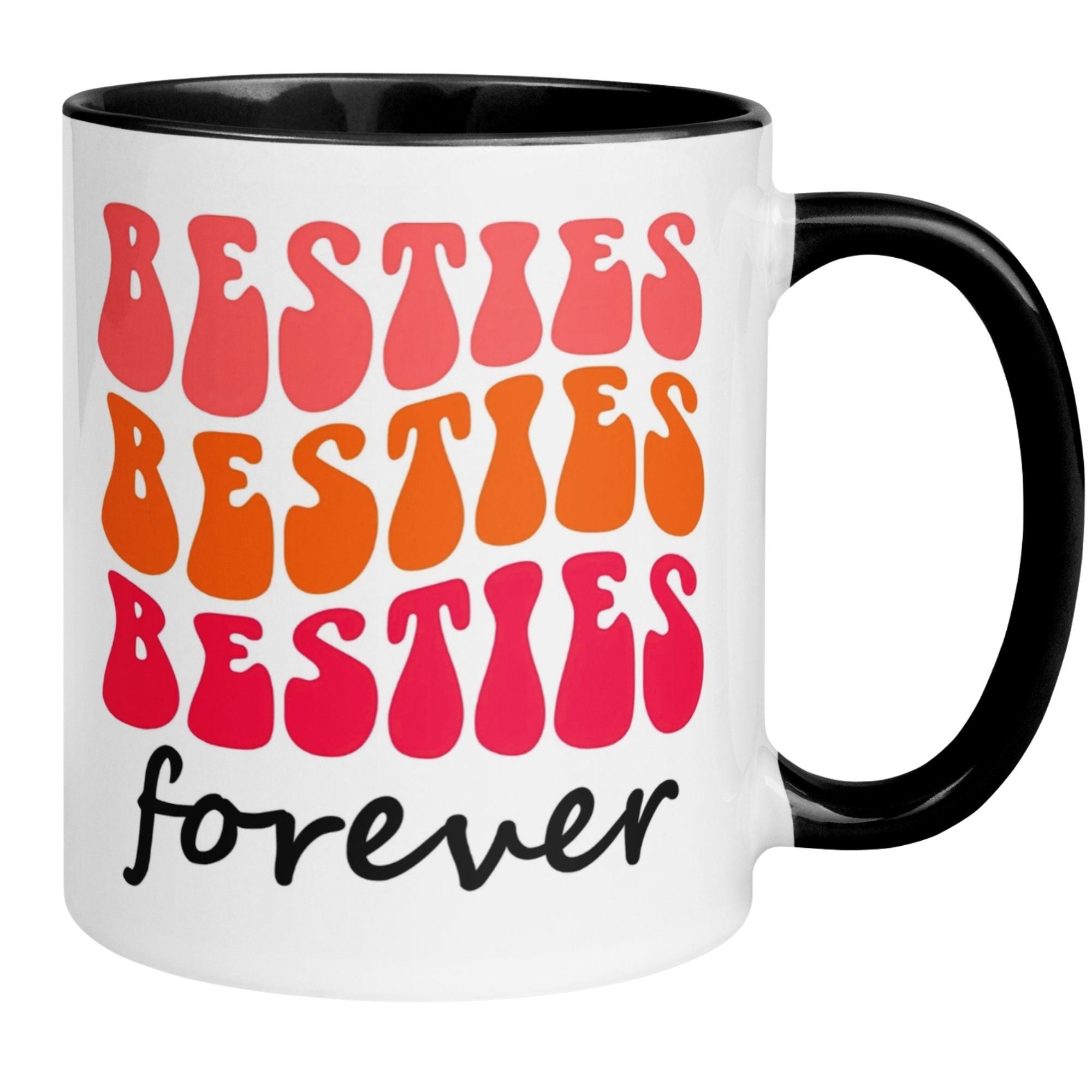 Momentals Tasse mit buntem Retro-Druck: "Besties forever" für treue Freundschaften.