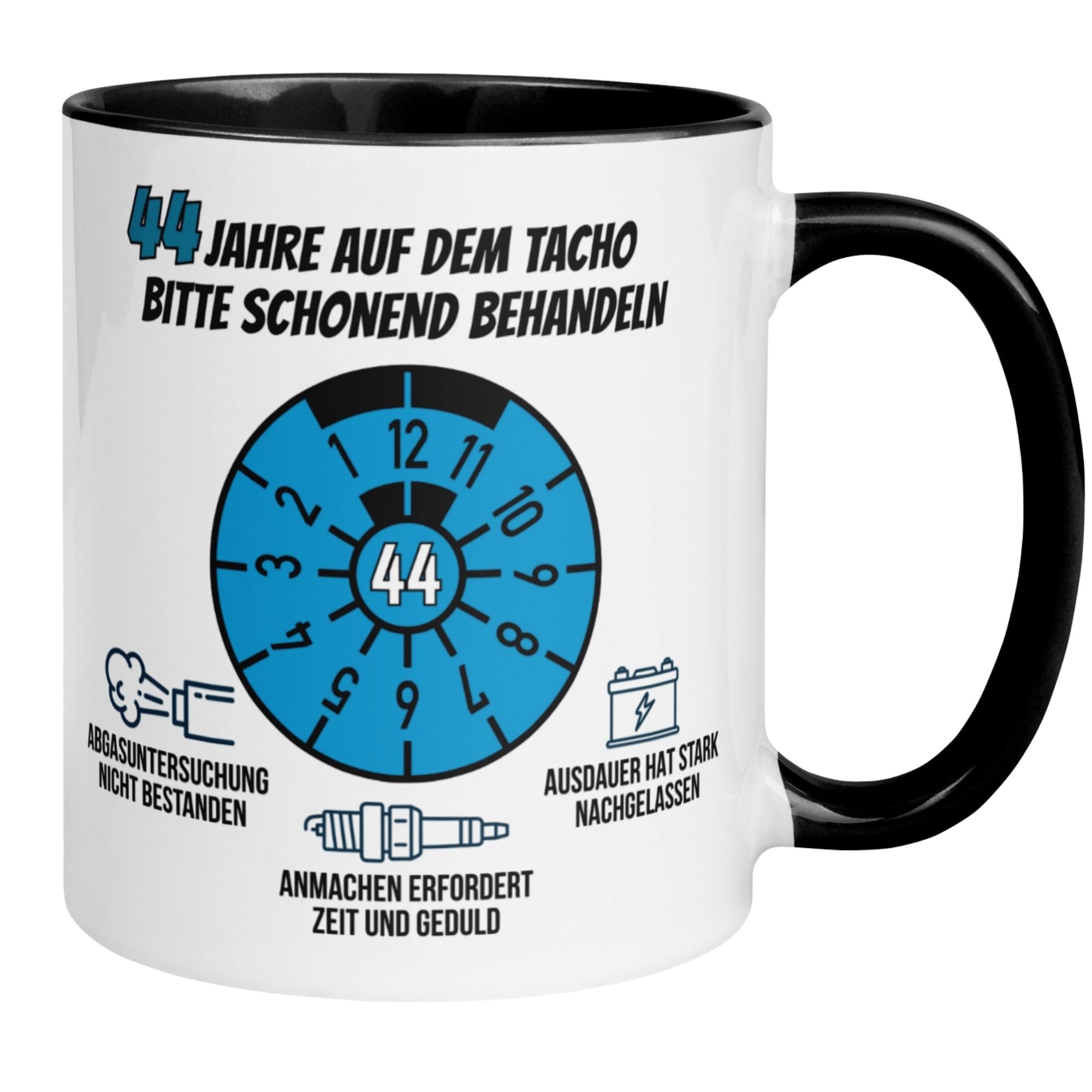 Momentals® Tasse 44. Geburtstag | Siegel & Spruch | 44 Jahre auf dem Tacho - Schonend behandeln