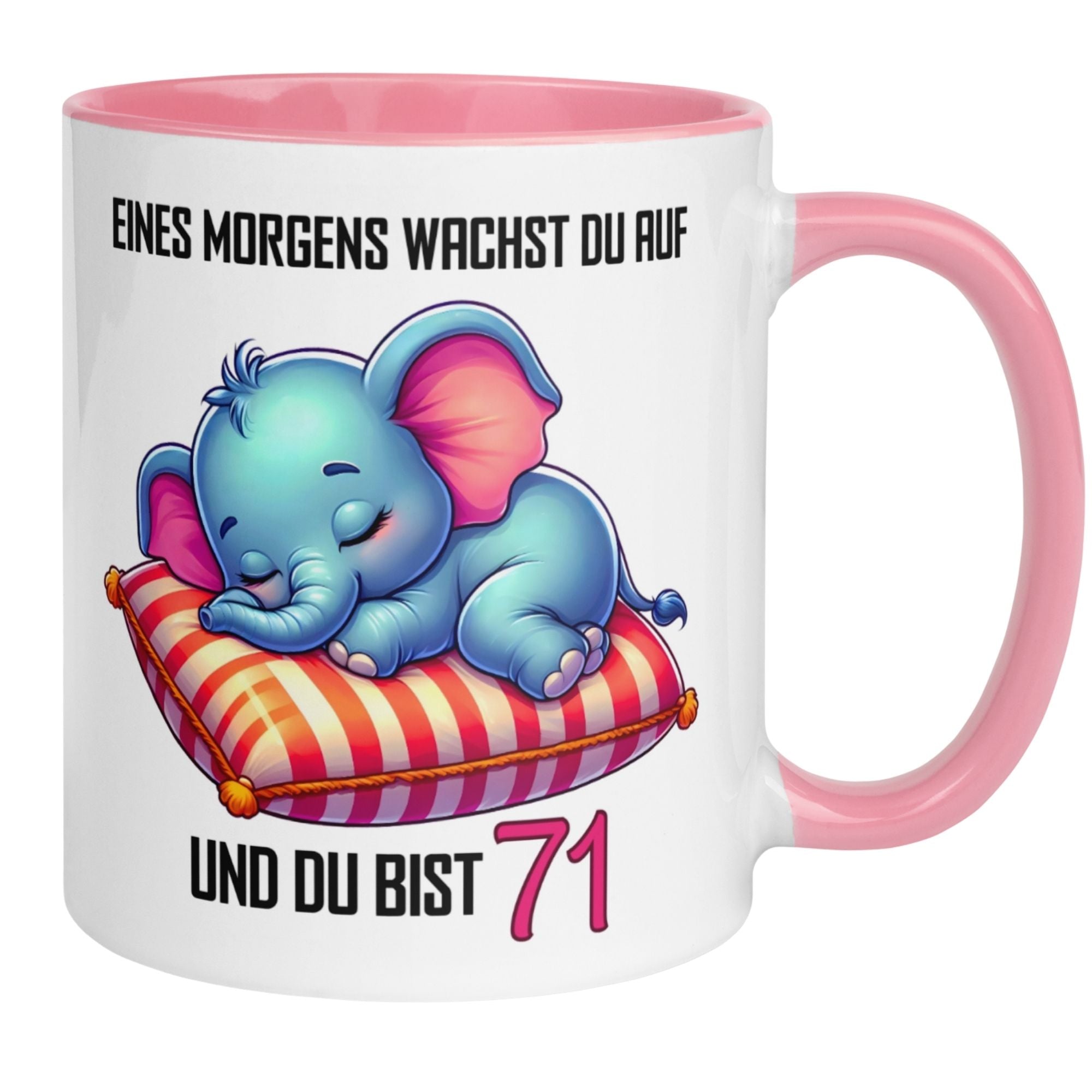 Momentals 71. Geburtstag Tasse mit niedlichem schläfrigem Elefanten und Spruch für Geburtstagsfreude.