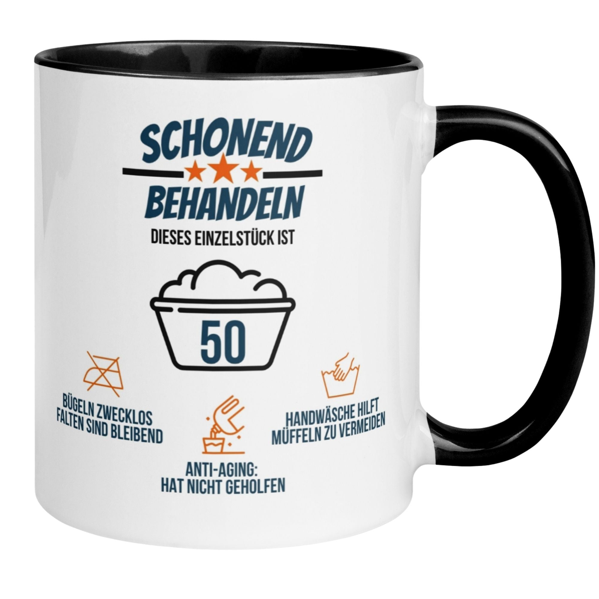 Momentals® Tasse zum 50. Geburtstag, humorvolles Design mit Pflegehinweisen und Spruch.