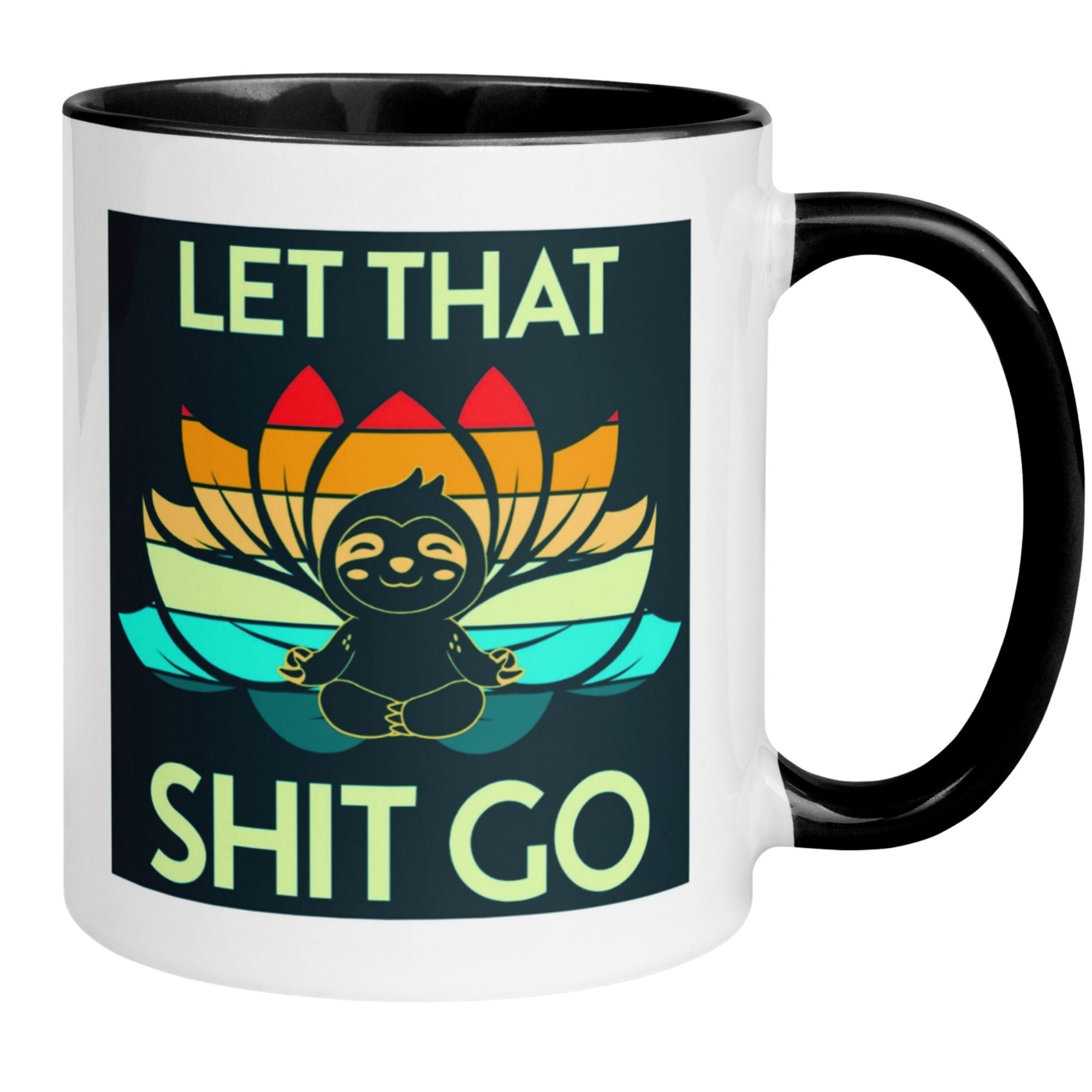 Momentals® Tasse mit Faultier und Lotusblüte, Spruch 'Let That Shit Go' für entspannte Kaffeepausen.