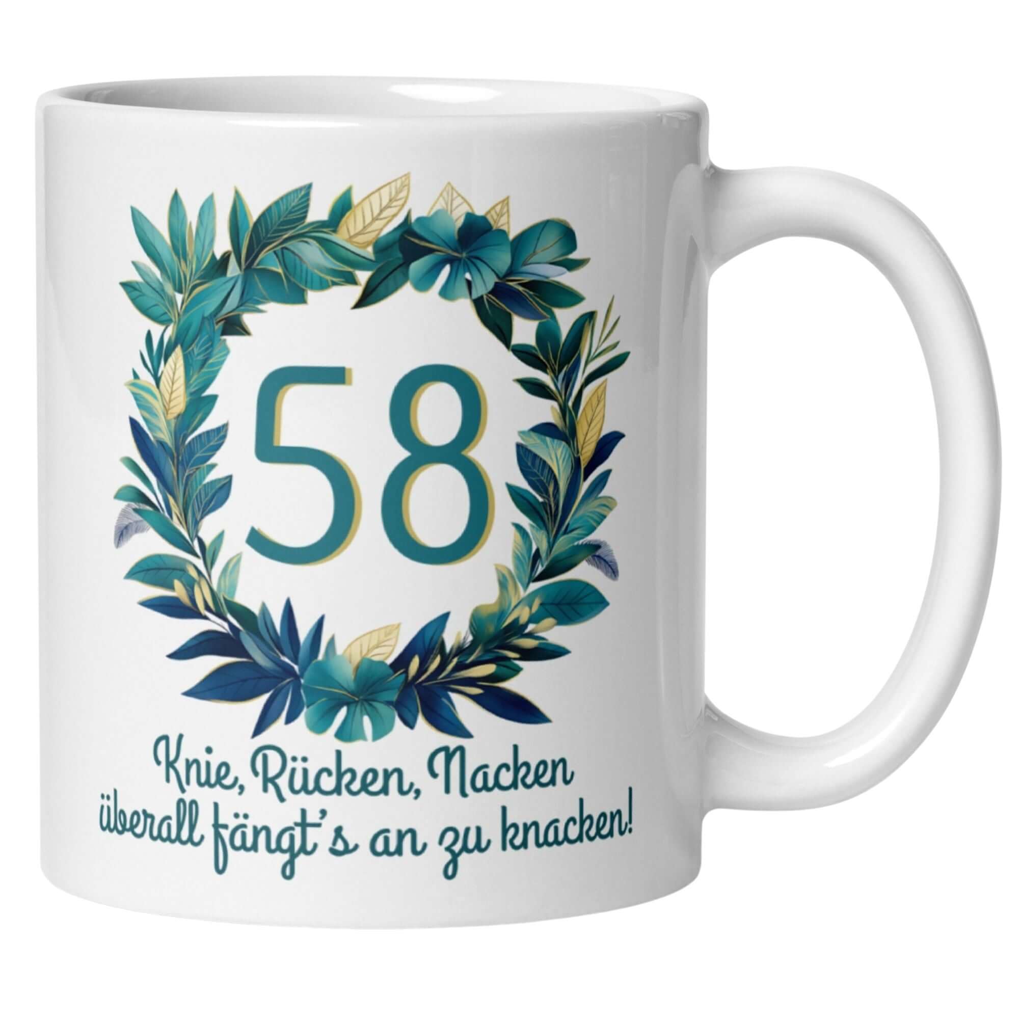 Momentals® Tasse 58. Geburtstag | Kranz & Spruch | Knie Rücken Nacken - überall fängts an zu knacken • Momentals