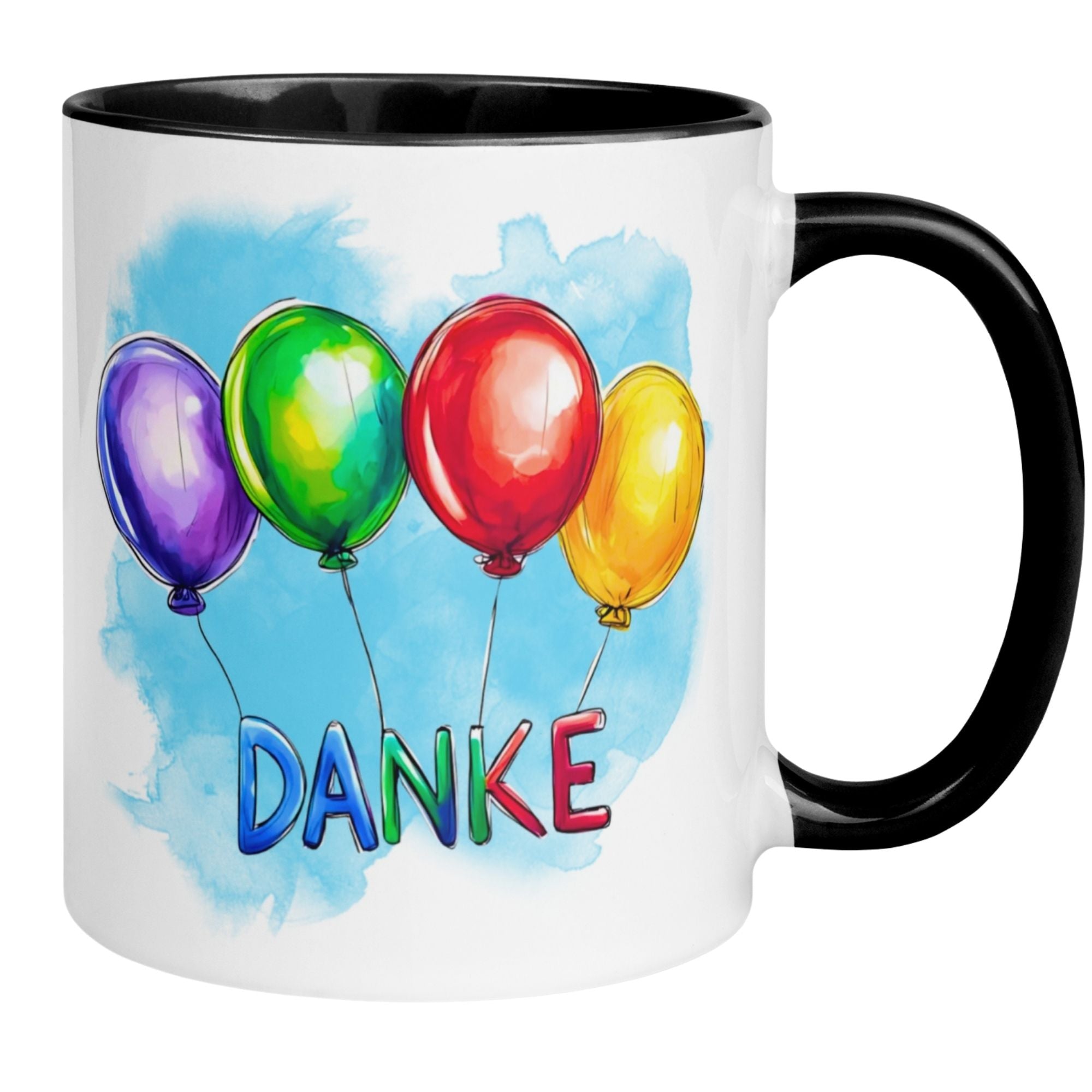 Momentals Tasse mit bunten Ballons und 'DANKE' Aufschrift für herzliche Wertschätzung.