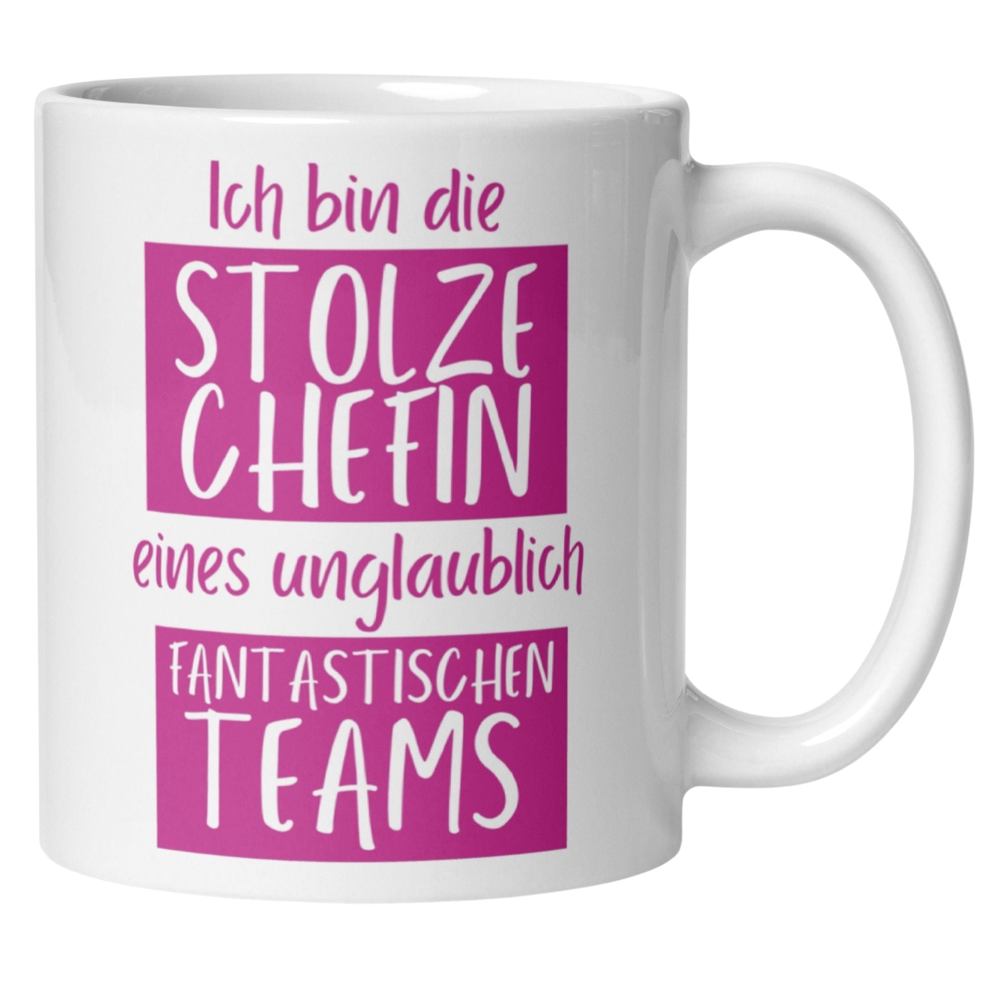 Momentals Tasse Chefin mit Spruch für stolze Teamleiterin in leuchtendem Pink, humorvoll und respektvoll.