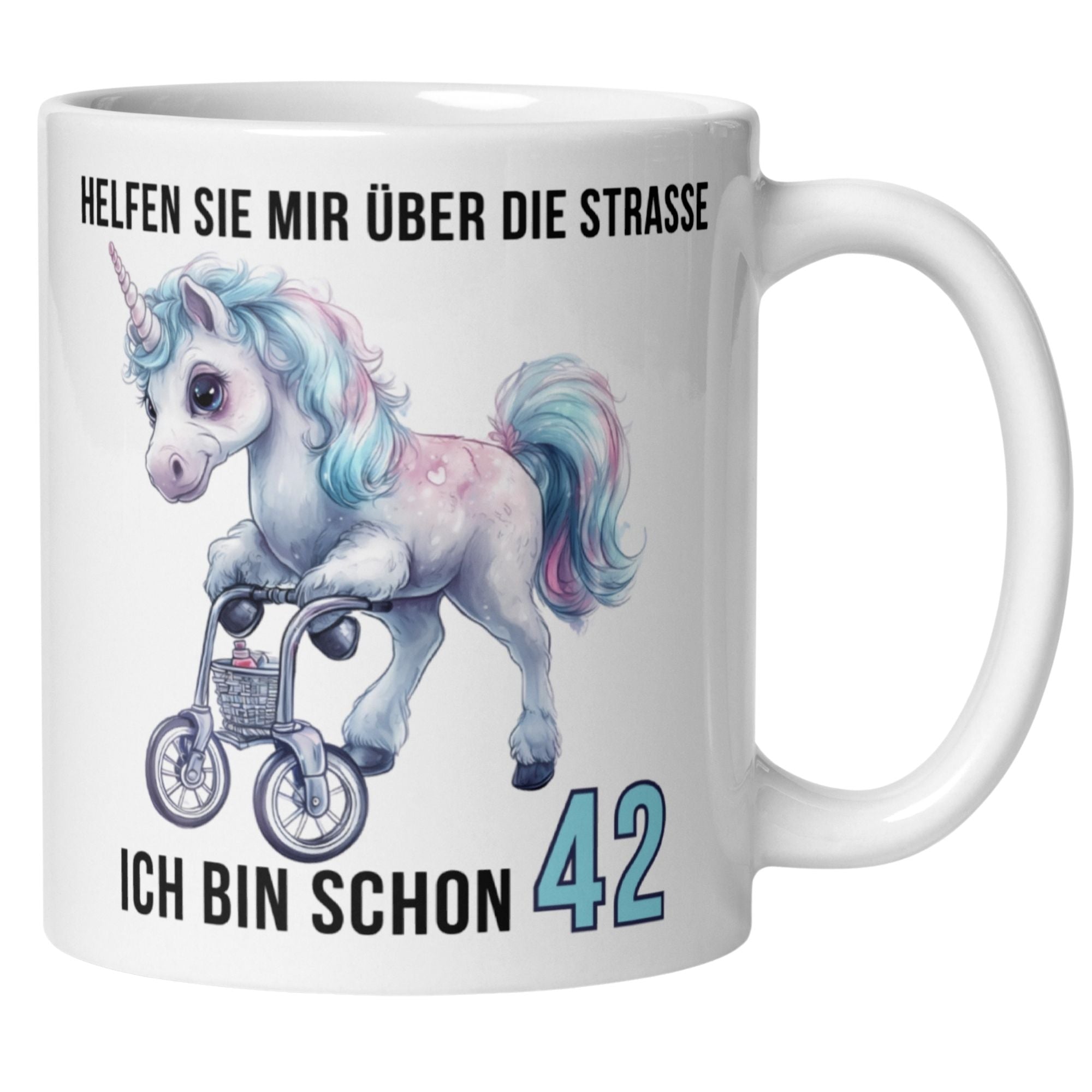 Momentals® Tasse 42. Geburtstag | Einhorn & Spruch | Helfen Sie mir über die Straße ich bin schon 42