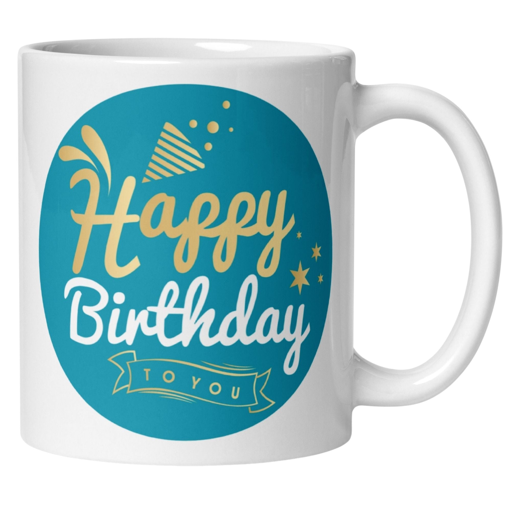 Momentals® Tasse in Türkis mit goldener Aufschrift 'Happy Birthday to You' und Konfetti-Design.