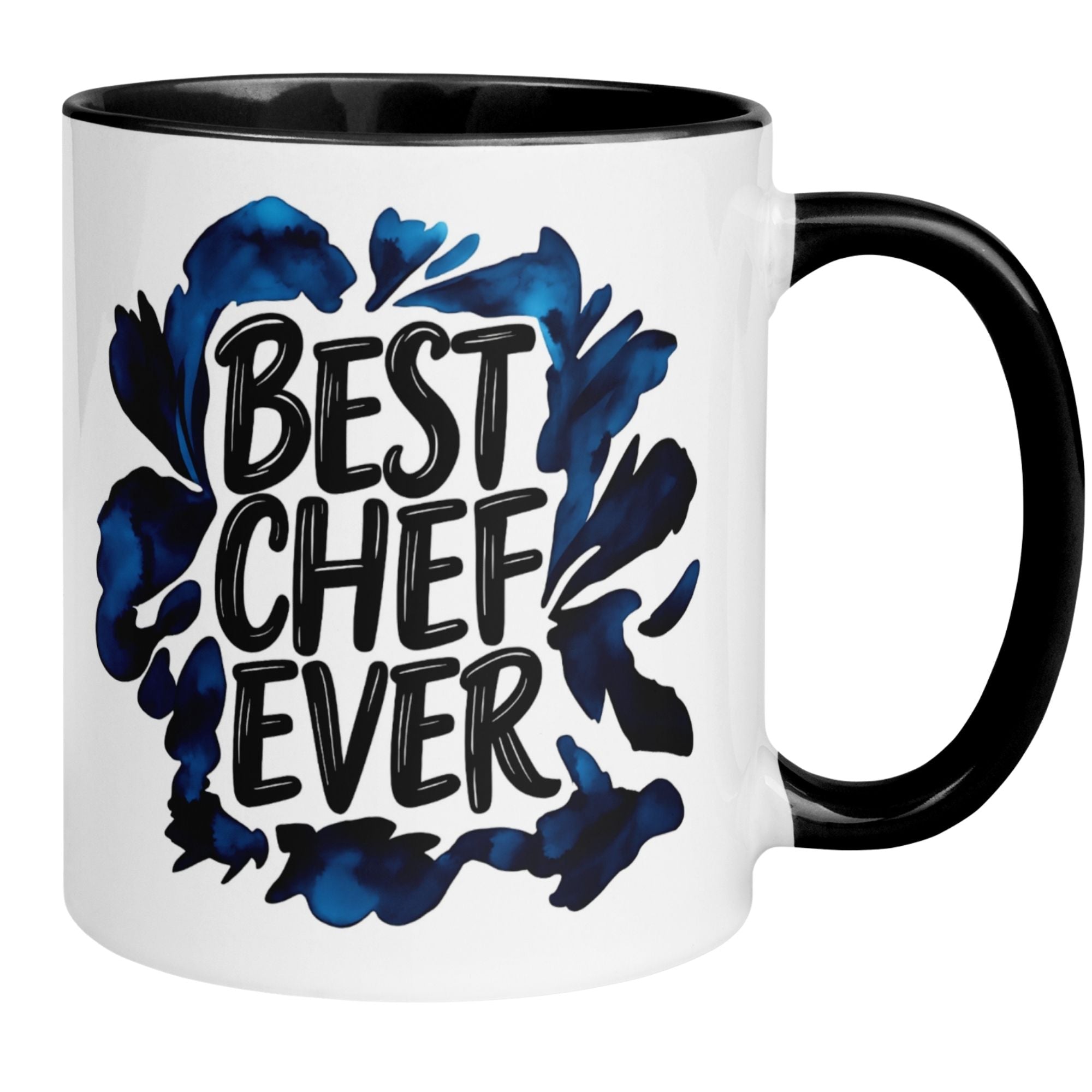 Momentals Tasse mit Aufschrift 'Best Chef Ever' und aquarellblauen Blumenmotiven.